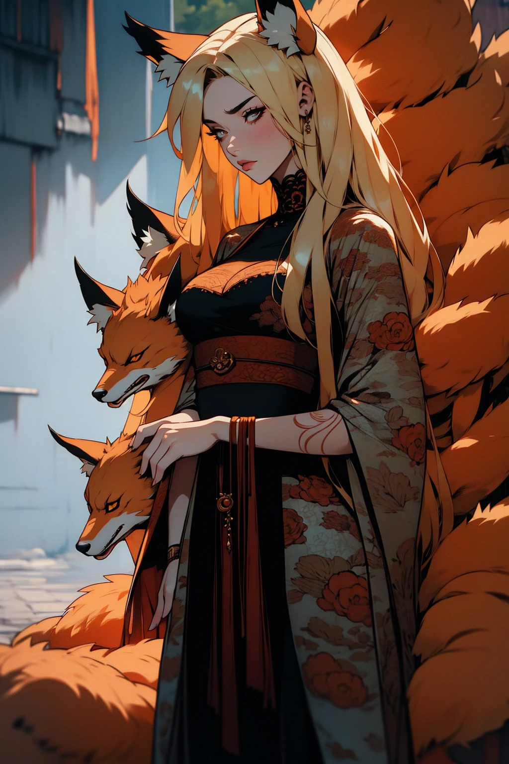 REALISTIC VISION 1.4, BETTER VAE,sharp focus, ultra detail, 32k,realistic photo, intricate details, kitsune, blond hair, (blond hair), orange eyes, intricate details ,woman, nine tails, intricate details,intricate details,big , Voluptuous body, intricate details, Miko, clothes long white dress with red details intricate details, tattoos intricate details, full body, with a orange nine tails fox , kiuubi (kurama, naruto), angry face, walking on the ground