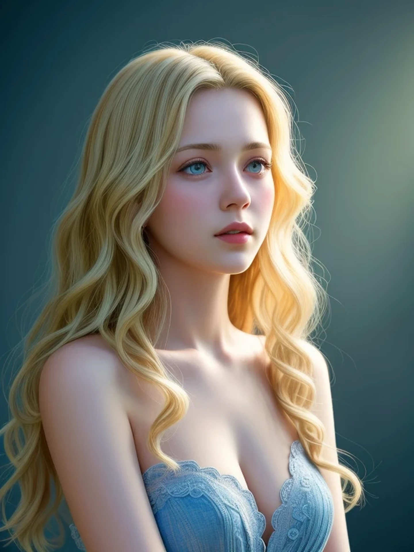 (looking away:1.4), (upper body shot:1.2), Realistic digital painting of a woman portrait, Shy, Cute, open mouth to say something, sad, blue eyes, (Wavy medium Hair:1.1), (Blonde Hair:1.3), (Highly detailed skin:1.2), Mystical style, Global Illumination,