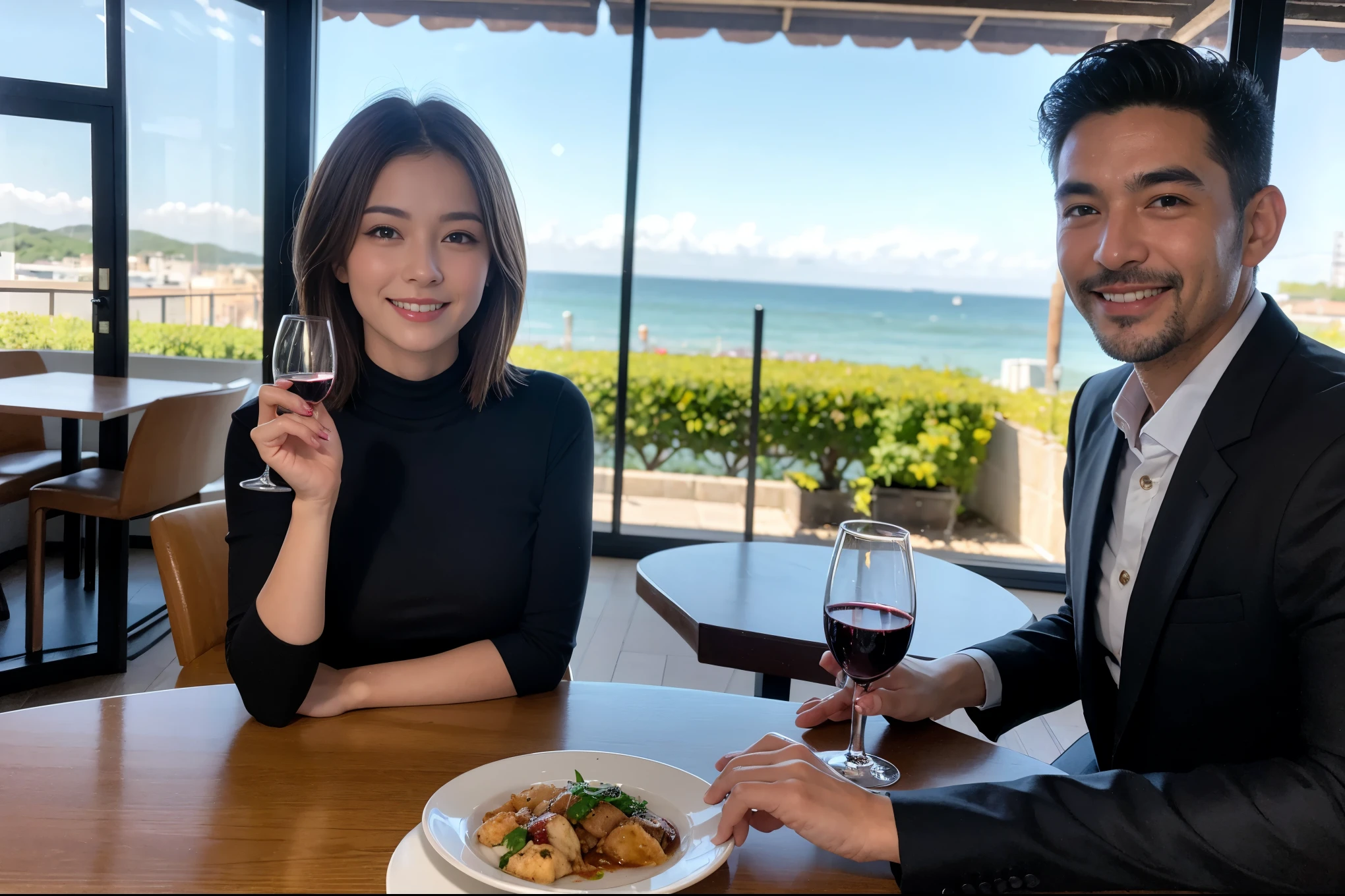 ((highest quality、8k、masterpiece:1.3))、1 male 1 female、lover、really like、Beautiful couple、The body is slim、テーブルの上のwine glass、Lighting the face、 Amazing view of the sunset sky and clouds、A bright smile、The wonderfulness of smile、Bright image、Beautiful Face, short hair,Bright Face、 (Age 43), 39 years old, red wine 、Appetizers、Italian food、Wine bottle、Champagne、sparkling wine、Two beauties、Brown Hair、Shortcuts、Long sleeve shirt、dress、Pretty Woman 1, (slimな顔), (The body is slim), (Brown Hair), (Shortcuts), cheeks turn a little red,Attractive beauty、restaurant, In a prominent place (From the waist up) Nova Frog Style, actress, model, Upper Body, White wine, slim, wine glass, 中央に置かれたwine glass, smile, (smile: 1.15), Beautiful fine grain, Depth f/2,saturation, High Contrast, Strong light and shadow,Moist Body:1.5、3D texture、Delicate eyes、Brown Hair、The hair is very shiny、