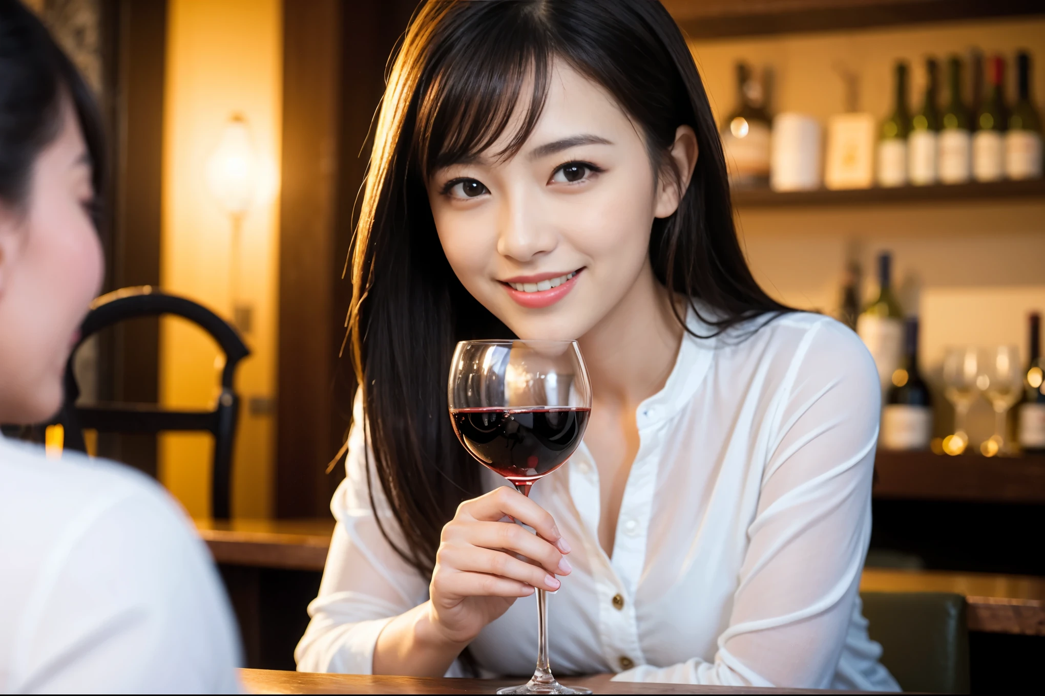 ((highest quality、8k、masterpiece:1.3))、1 male 1 female、lover、really like、Beautiful couple、The body is slim、テーブルの上のwine glass、Lighting the face、 Amazing view of the sunset sky and clouds、A bright smile、The wonderfulness of smile、Bright image、Beautiful Face, short hair,Bright Face、 (Age 43), 39 years old, red wine 、Appetizers、Italian food、Wine bottle、Champagne、sparkling wine、Two beauties、Brown Hair、Shortcuts、Long sleeve shirt、dress、Pretty Woman 1, (slimな顔), (The body is slim), (Brown Hair), (Shortcuts), cheeks turn a little red,Attractive beauty、restaurant, In a prominent place (From the waist up) Nova Frog Style, actress, model, Upper Body, White wine, slim, wine glass, 中央に置かれたwine glass, smile, (smile: 1.15), Beautiful fine grain, Depth f/2,saturation, High Contrast, Strong light and shadow,Moist Body:1.5、3D texture、Delicate eyes、Brown Hair、The hair is very shiny、