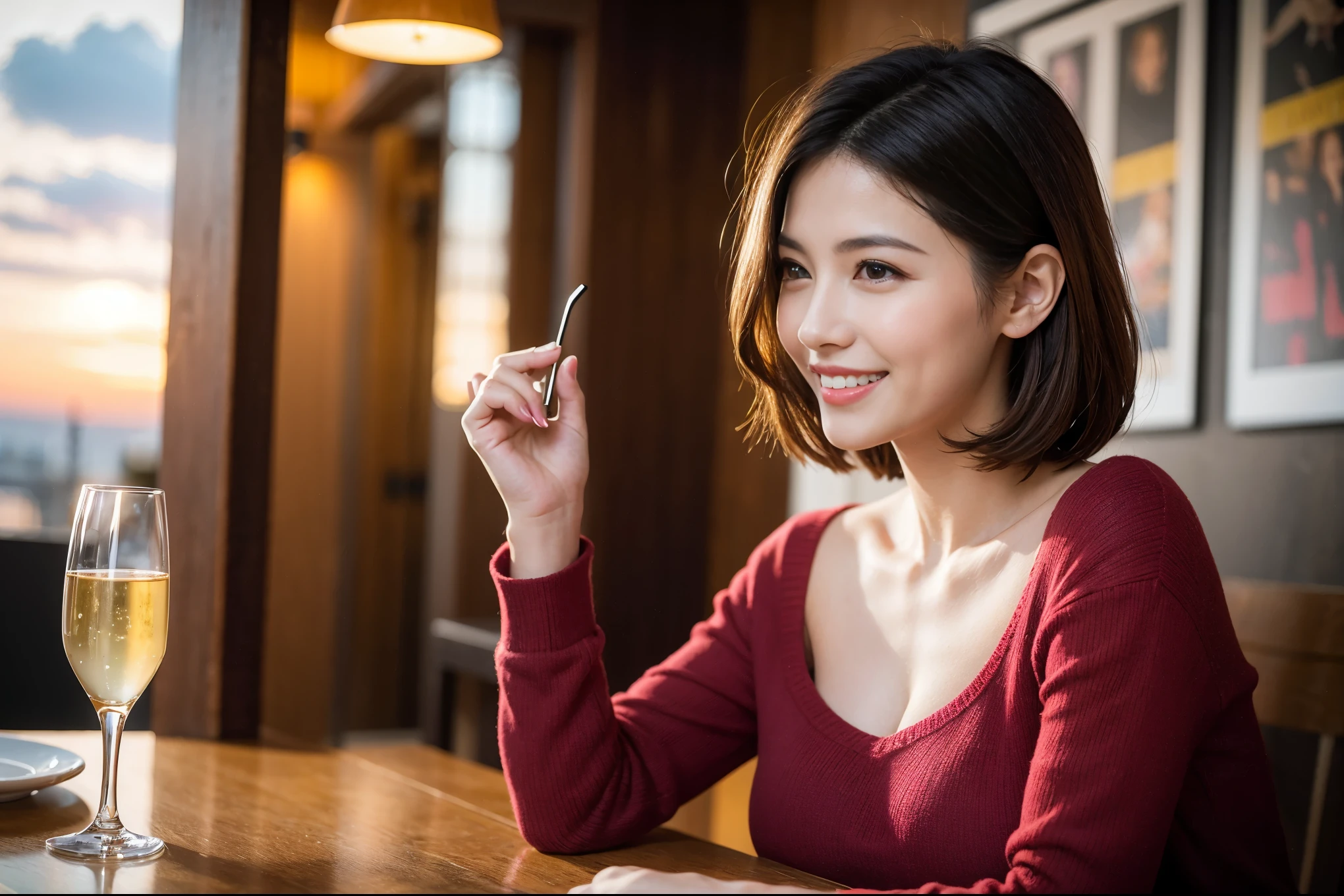 ((highest quality、8k、masterpiece:1.3))、1 male 1 female、lover、really like、Beautiful couple、The body is slim、テーブルの上のwine glass、Lighting the face、 Amazing view of the sunset sky and clouds、A bright smile、The wonderfulness of smile、Bright image、Beautiful Face, short hair,Bright Face、 (Age 43), 39 years old, red wine 、Appetizers、Italian food、Wine bottle、Champagne、sparkling wine、Two beauties、Brown Hair、Shortcuts、Long sleeve shirt、dress、Pretty Woman 1, (slimな顔), (The body is slim), (Brown Hair), (Shortcuts), cheeks turn a little red,Attractive beauty、restaurant, In a prominent place (From the waist up) Nova Frog Style, actress, model, Upper Body, White wine, slim, wine glass, 中央に置かれたwine glass, smile, (smile: 1.15), Beautiful fine grain, Depth f/2,saturation, High Contrast, Strong light and shadow,Moist Body:1.5、3D texture、Delicate eyes、Brown Hair、The hair is very shiny、