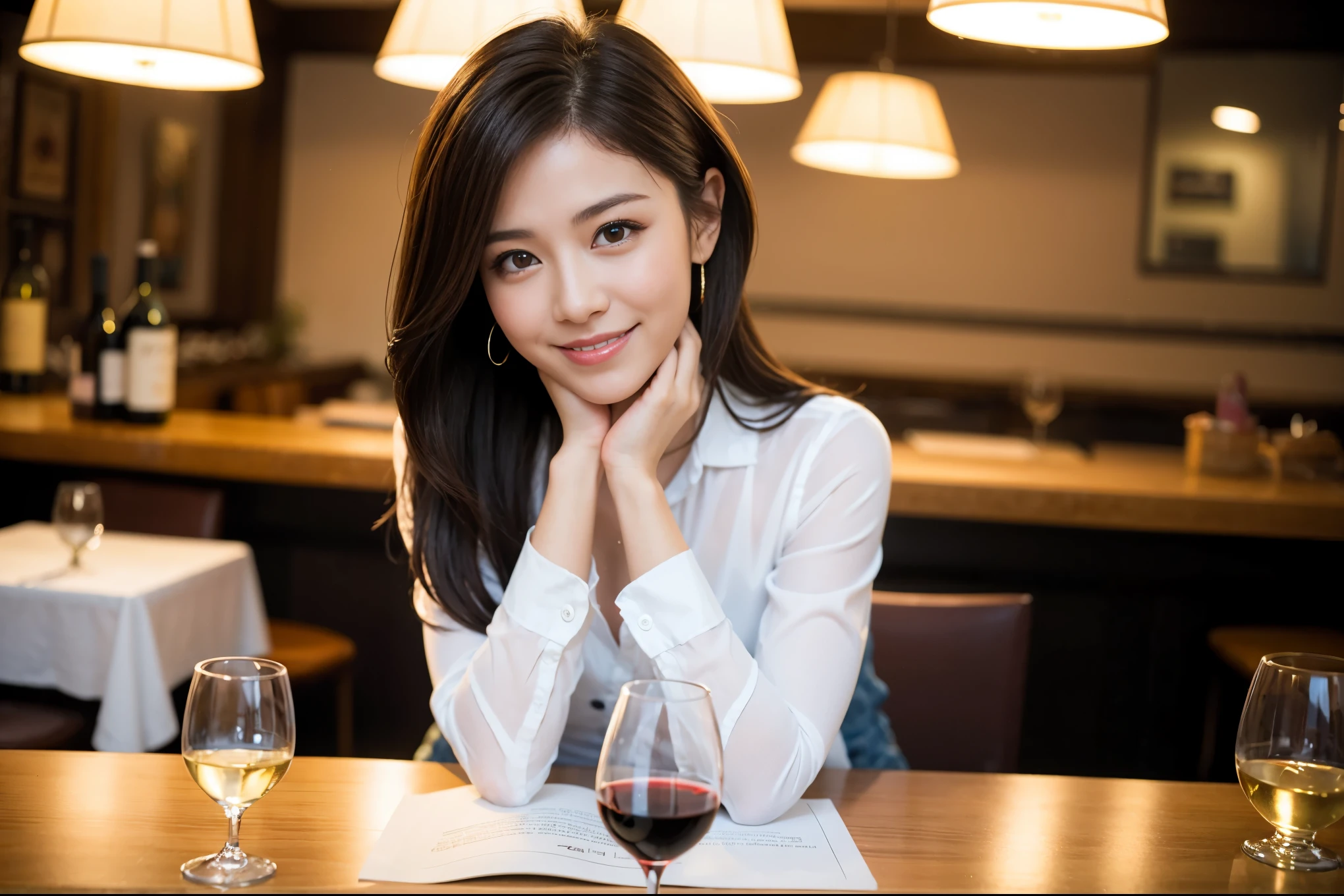 ((highest quality、8k、masterpiece:1.3))、1 male 1 female、lover、really like、Beautiful couple、The body is slim、テーブルの上のwine glass、Lighting the face、 Amazing view of the sunset sky and clouds、A bright smile、The wonderfulness of smile、Bright image、Beautiful Face, short hair,Bright Face、 (Age 43), 39 years old, red wine 、Appetizers、Italian food、Wine bottle、Champagne、sparkling wine、Two beauties、Brown Hair、Shortcuts、Long sleeve shirt、dress、Pretty Woman 1, (slimな顔), (The body is slim), (Brown Hair), (Shortcuts), cheeks turn a little red,Attractive beauty、restaurant, In a prominent place (From the waist up) Nova Frog Style, actress, model, Upper Body, White wine, slim, wine glass, 中央に置かれたwine glass, smile, (smile: 1.15), Beautiful fine grain, Depth f/2,saturation, High Contrast, Strong light and shadow,Moist Body:1.5、3D texture、Delicate eyes、Brown Hair、The hair is very shiny、