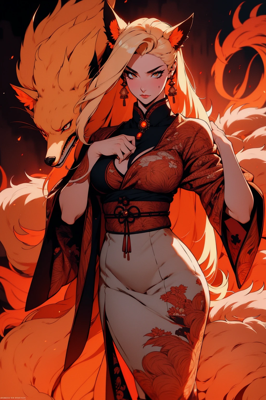 REALISTIC VISION 1.4, BETTER VAE,sharp focus, ultra detail, 32k,realistic photo, intricate details, kitsune, blond hair, (blond hair), orange eyes, intricate details ,woman, nine tails, intricate details,intricate details,big , Voluptuous body, intricate details, Miko, clothes long white dress with red details intricate details, tattoos intricate details, full body, with a orange nine tails fox , kiuubi (kurama, naruto), angry face, walking on the ground, orange aura