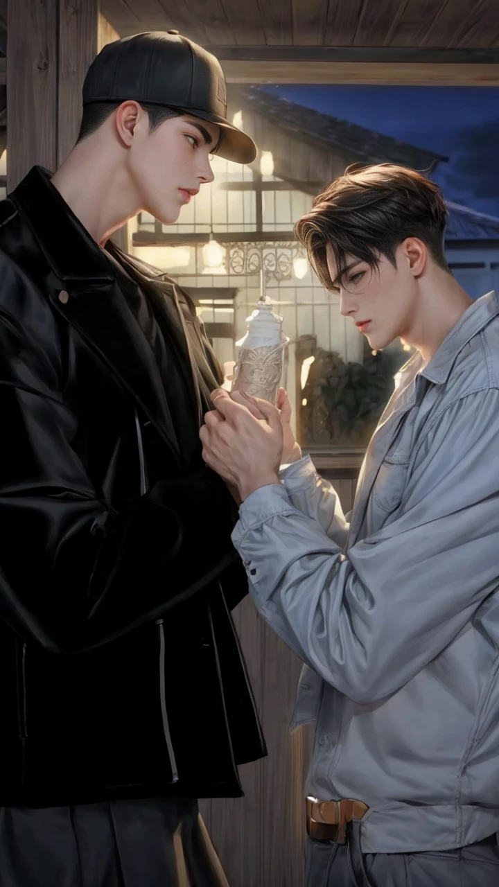 masterpiece, 1boy, young, handsome, black hair, undercut hair, hat, 1boy, handsome, brown hair, short hair, perfect face, detailed eyes and face,brown eyes, clean shaved, muscular, capturing a rural atmosphere, dynamic lighting, unreal engine 5