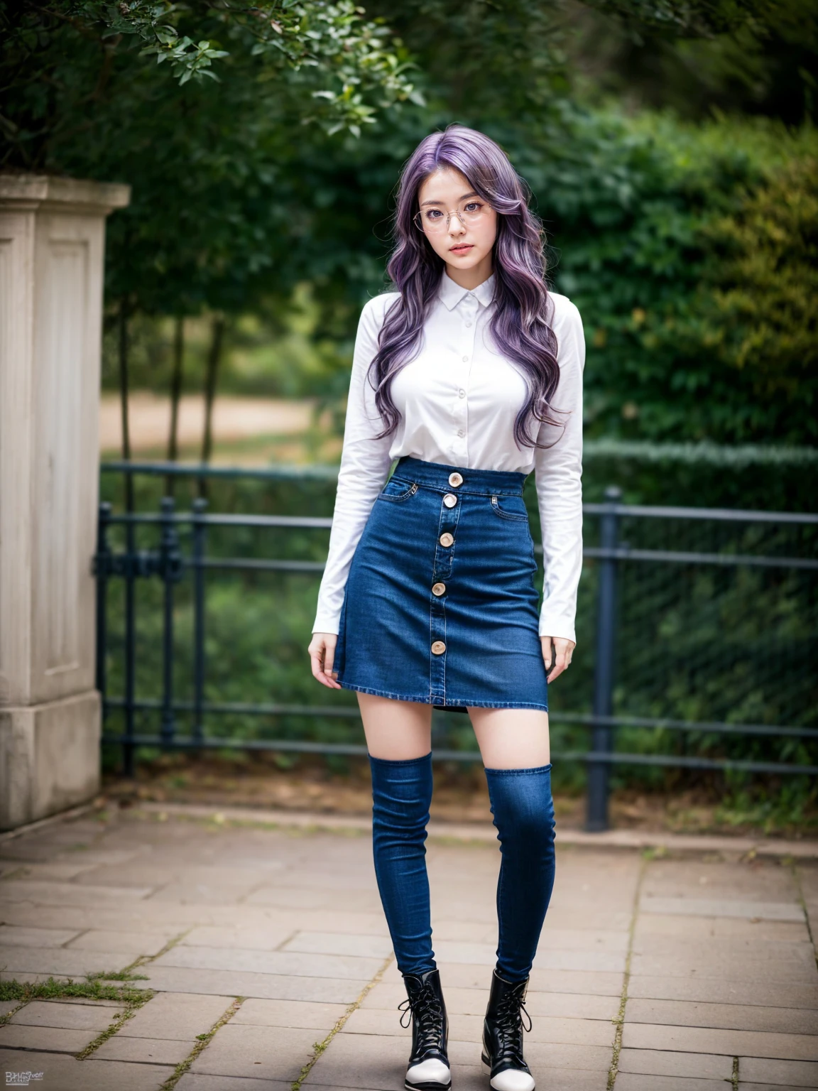 (1 lady), (Best quality at best:1.4), (ultra - detailed), (extremely detailed CG unified 16k), A Beautiful Woman with Perfect Figure: 1.4, Sharp Focus: 1.2, purple hair, very detailed, High-definition RAW color photo, professional photoshooting, amazing face and eyes, cosmetics, (standing), (amazingly beautiful girl), ((kotomi)), (exact clothes: (buttons white shirt, long sleeves), (azure tight skirt jean-type), formal, teacher outfit, glasses, (black combat boots with blue laces)), (looking cute, immerse in her own thoughts expression), (City park, extremely detailed background, realistic background, first date vibes), (frontal photo), realistic cinematic face, (head to feet long wide zoomed out view, full body long view, head to shoes), photorealistic, ((realistic natural purple hair style, purple eyes)), gorgeous, extremely beautiful face, pretty face, delicate girl, (attractive body, fit woman, big girl, athletic body, strong female), perfect model beauty, pout mouth, Highly Detailed Face and Skin Texture, Detailed Eyes, Double Eyelids, Medium size breasts, shy but motivated expression, (masterpiece), best quality, high resolution, extremely detailed, cinematic lighting, amazing legs, clear and well-cared skin, (milky pale skin, white skin like milk), official dior editorial, trending on pinterest, dreamy, aesthetic, ((style raw)), (head to toe photo)
