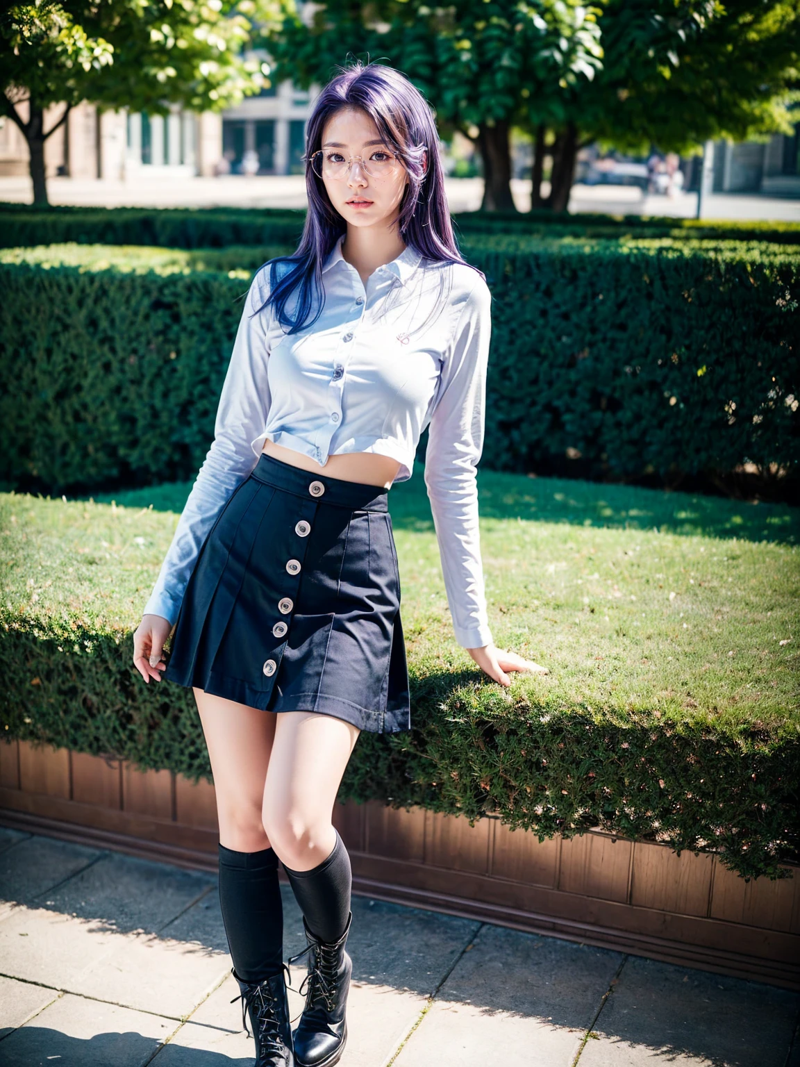 (1 lady), (Best quality at best:1.4), (ultra - detailed), (extremely detailed CG unified 16k), A Beautiful Woman with Perfect Figure: 1.4, Sharp Focus: 1.2, purple hair, very detailed, High-definition RAW color photo, professional photoshooting, amazing face and eyes, cosmetics, (standing), (amazingly beautiful girl), ((kotomi)), (exact clothes: (buttons white shirt, long sleeves), (azure tight skirt jean-type), formal, teacher outfit, glasses, (black combat boots with blue laces)), (looking cute, immerse in her own thoughts expression), (City park, extremely detailed background, realistic background, first date vibes), (frontal photo), realistic cinematic face, (head to feet long wide zoomed out view, full body long view, head to shoes), photorealistic, ((realistic natural purple hair style, purple eyes)), gorgeous, extremely beautiful face, pretty face, delicate girl, (attractive body, fit woman, big girl, athletic body, strong female), perfect model beauty, pout mouth, Highly Detailed Face and Skin Texture, Detailed Eyes, Double Eyelids, Medium size breasts, shy but motivated expression, (masterpiece), best quality, high resolution, extremely detailed, cinematic lighting, amazing legs, clear and well-cared skin, (milky pale skin, white skin like milk), official dior editorial, trending on pinterest, dreamy, aesthetic, ((style raw)), (head to toe photo)