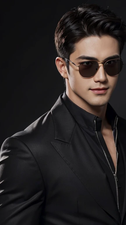 ((Men)), (head shot), (front view), (half body view), (Handsome muscular man in his 30s wearing black pilot sunglasses, and luxury black suit), zi wang (Prince chiu), Mischievous smile, (detail: 1 in 1), Natural muscles, HIG quality, beautiful eyes, (Detailed face and eyes), (Face、: 1 / 2), fresh lips, Noise, Real Photographics, ... ...................................................................................................PSD, Sharp Focus, High resolution (8K), realistic & Professional Photography, 8K UHD, Soft lighting, High quality, Film grain, FujifilmXT3