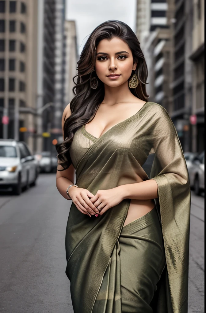 beautiful and sexy woman, Canadian woman, age 20, gigantic 1:6, cleavage,wore stylish and design Olive colour saree, present in City,standing pose, beautiful body, closeup potrait,masterpiece, realistic,detailed,8k , Film type light, camera angle front, looking at viewer