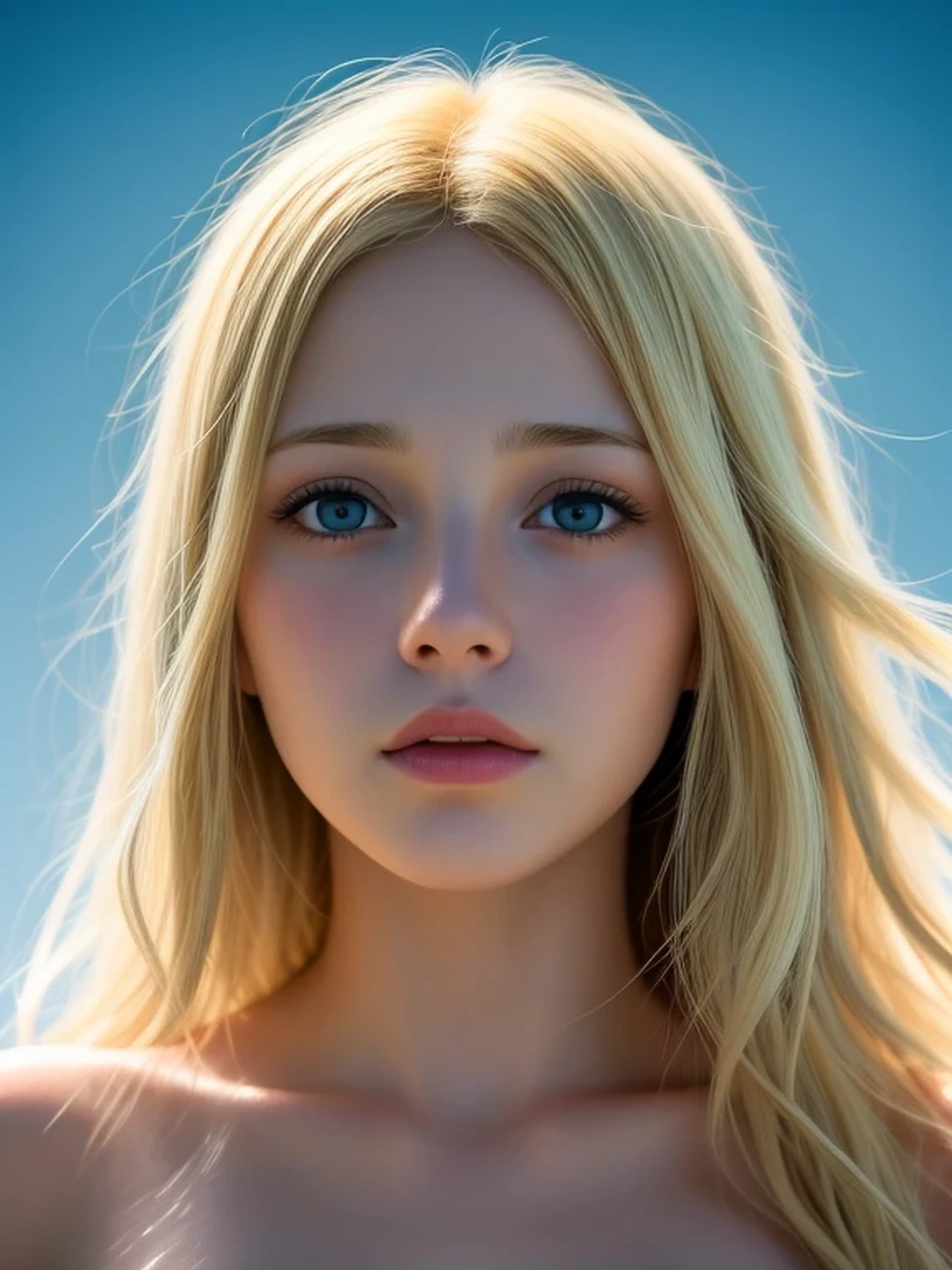 (looking away:1.4), (upper body shot:1.2), Realistic digital painting of a woman portrait, Shy, Cute, open mouth to say something, sad, blue eyes, (Wavy medium Hair:1.1), (Blonde Hair:1.3), (Highly detailed skin:1.2), Mystical style, Global Illumination,