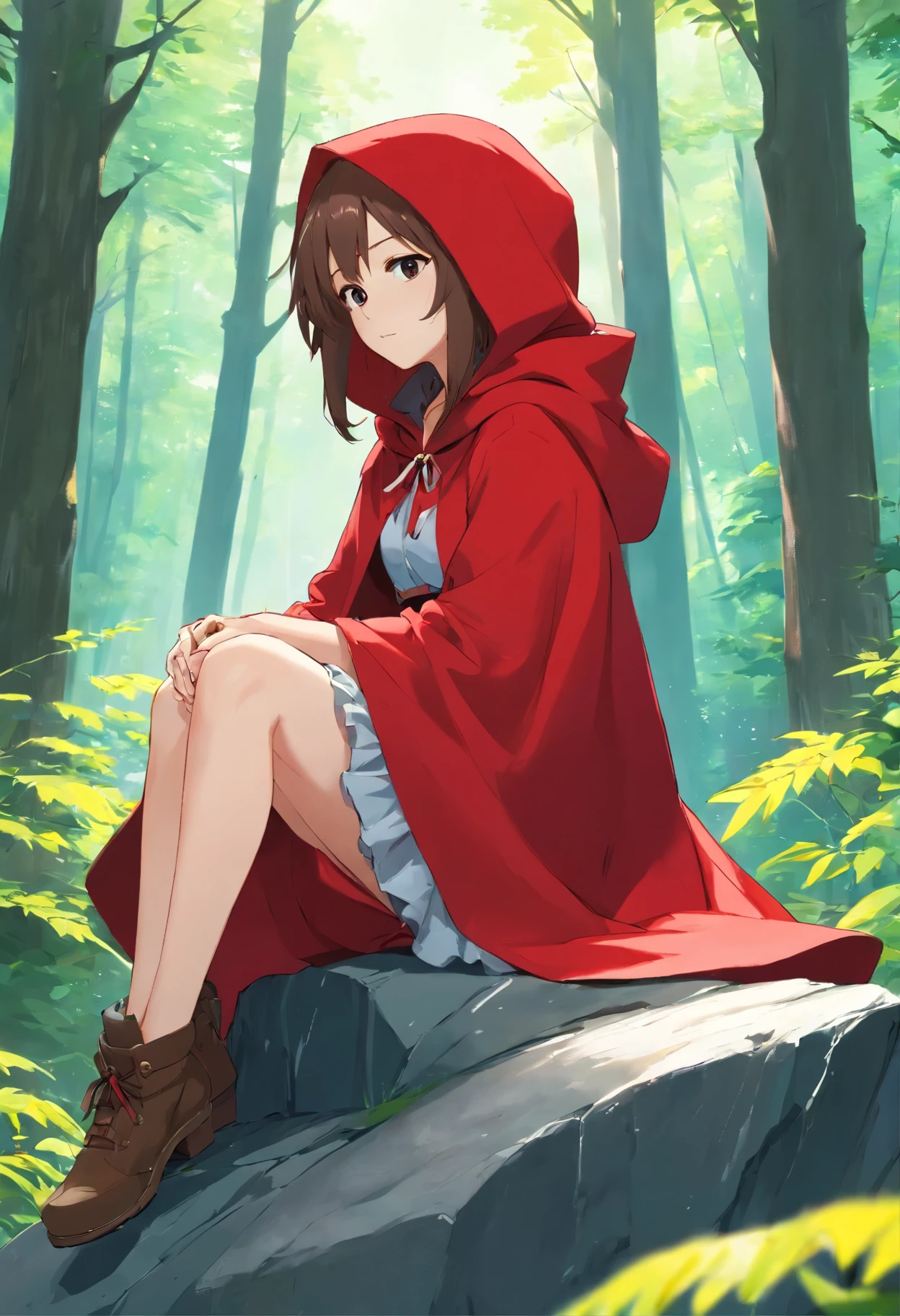 anime girl in red riding hood sitting on rock in forest, fantasy art, grayscale phtoto with red dress, red riding hood, dressed in a beautiful red cloak, little red riding hood, thief red riding hood, beautiful anime art style, high quality anime art, high quality anime artstyle, at pixiv,