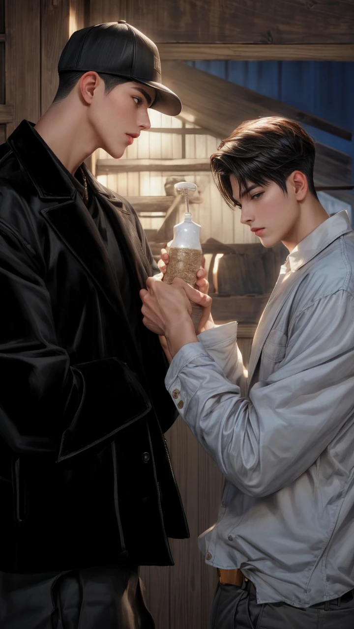 masterpiece, 1boy, young, handsome, black hair, undercut hair, hat, 1boy, handsome, brown hair, short hair, perfect face, detailed eyes and face,brown eyes, clean shaved, muscular, capturing a rural atmosphere, dynamic lighting, unreal engine 5