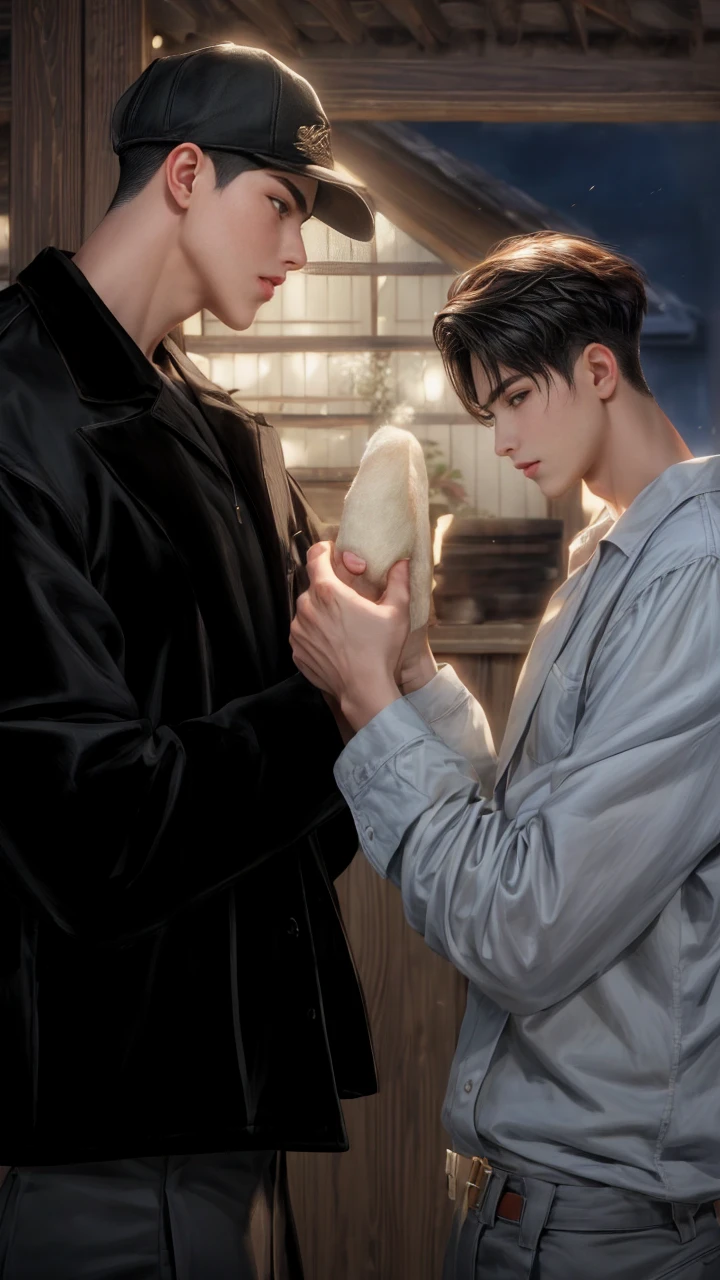 masterpiece, 1boy, young, handsome, black hair, undercut hair, hat, 1boy, handsome, brown hair, short hair, perfect face, detailed eyes and face,brown eyes, clean shaved, muscular, capturing a rural atmosphere, dynamic lighting, unreal engine 5