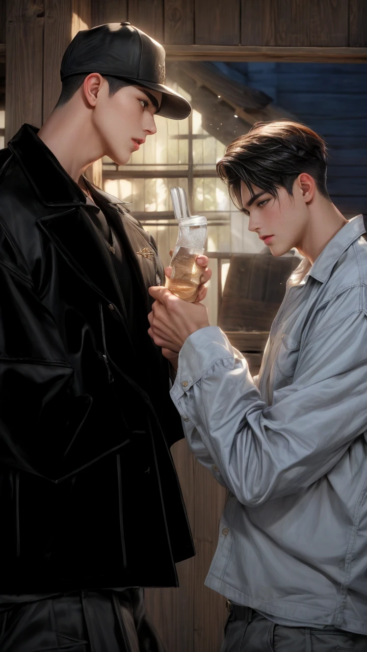 masterpiece, 1boy, young, handsome, black hair, undercut hair, hat, 1boy, handsome, brown hair, short hair, perfect face, detailed eyes and face,brown eyes, clean shaved, muscular, capturing a rural atmosphere, dynamic lighting, unreal engine 5