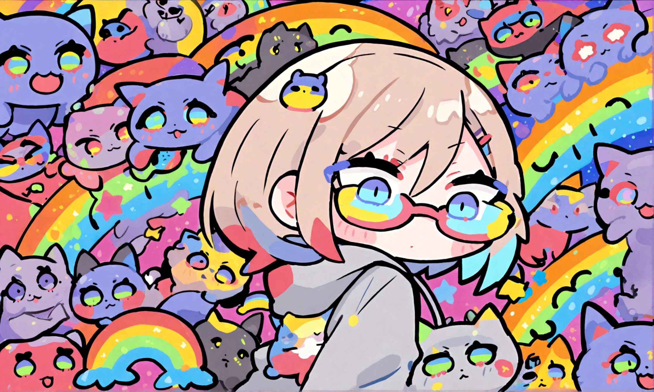 a cute chibi style adult female with light brown short hair, wearing a grey hoodie with a rainbow on it and jeans, wearing glasses, has a very colorful star laden backround with mutiple blue shades of hombre colors, cute rainbow kitties all over the place