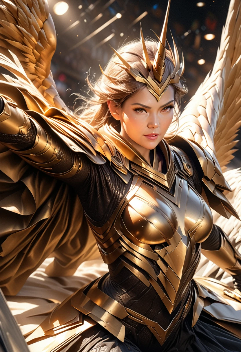 a highly detailed robot girl with long white hair, riding on a winged unicorn flying dynamically through the sky, wearing luxurious white armor with numerous gold decorations, holding a big sword, dynamic pose, (best quality,4k,8k,highres,masterpiece:1.2),ultra-detailed,(realistic,photorealistic,photo-realistic:1.37),HDR,UHD,studio lighting,ultra-fine painting,sharp focus,physically-based rendering,extreme detail description,professional,vivid colors,bokeh,science fiction,concept art
