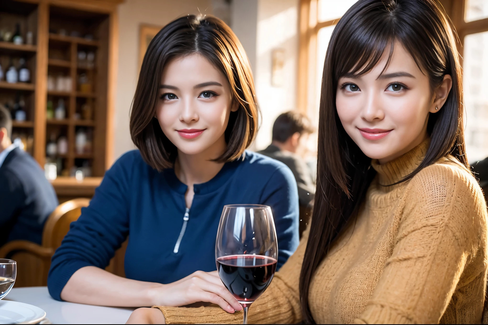 ((highest quality、8k、masterpiece:1.3))、1 male、1 female、Couple、Spouse、Couple、The body is slim、((Bob Hale、Straight hair:1.2)), (Realistic, Intricate details:1.2), テーブルの上のwine glass、Shine light on your face、 Amazing view of the sunset sky and clouds、Amazing mountain views、A bright smile、The wonderfulness of smile、Bright image、The beauty of wine, Beautiful Face, blue eyes, The light shines on your face, Blushing, short hair,Bright Face、 (Age 37), 39 years old, red wine 、Appetizers、Italian food、Wine bottle、Champagne、sparkling wine、Two beauties、Brown Hair、Shortcuts、Long sleeve shirt、dress、Pretty Woman 1, (slimな顔), (The body is slim), (Brown Hair), (Shortcuts), cheeks turn a little red,Attractive beauty、restaurant, In a prominent place (From the waist up) Nova Frog Style, actress, model, Upper Body, White wine, slim, wine glass, 中央に置かれたwine glass, smile, (smile: 1.15), Beautiful fine grain, Depth f/2,saturation, High Contrast, Strong light and shadow,Moist Body:1.5、3D texture、Delicate eyes、Brown Hair、The hair is very shiny、