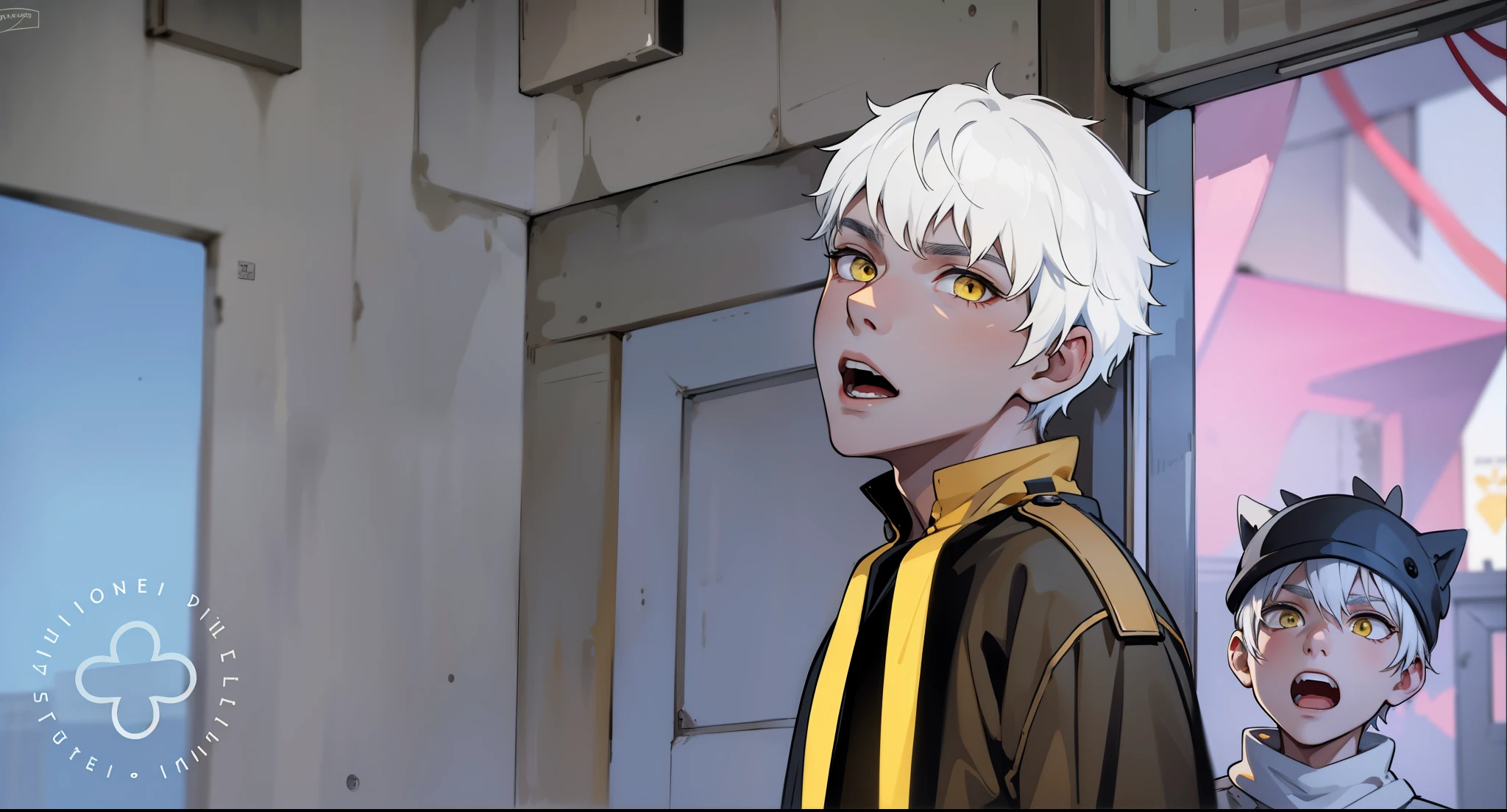 cute 18 year old boy with white hair and yellow eyes speaks calmly