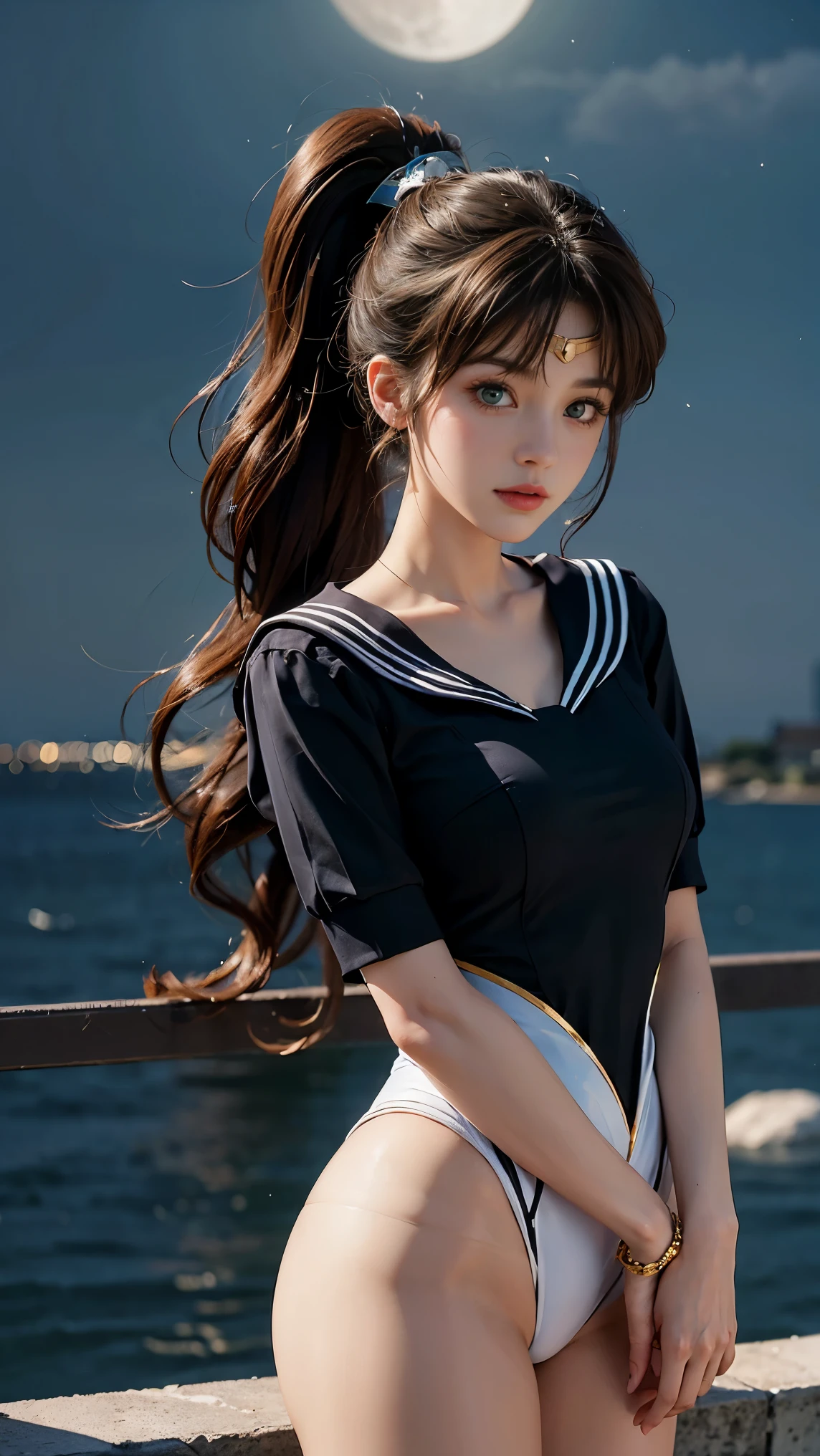 A beautiful young woman with long brown hair in a ponytail, green eyes, and a height of 170cm, sailor moon by the moon, sailor jupiter