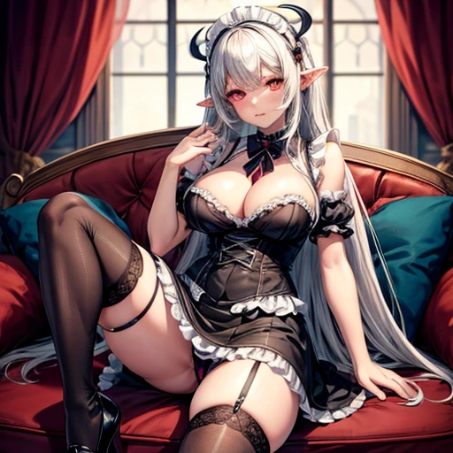 Maid clothes　Half dark elf and half succubus　Alluring thighs　Knee-high socks　Large Breasts　Brown Skin