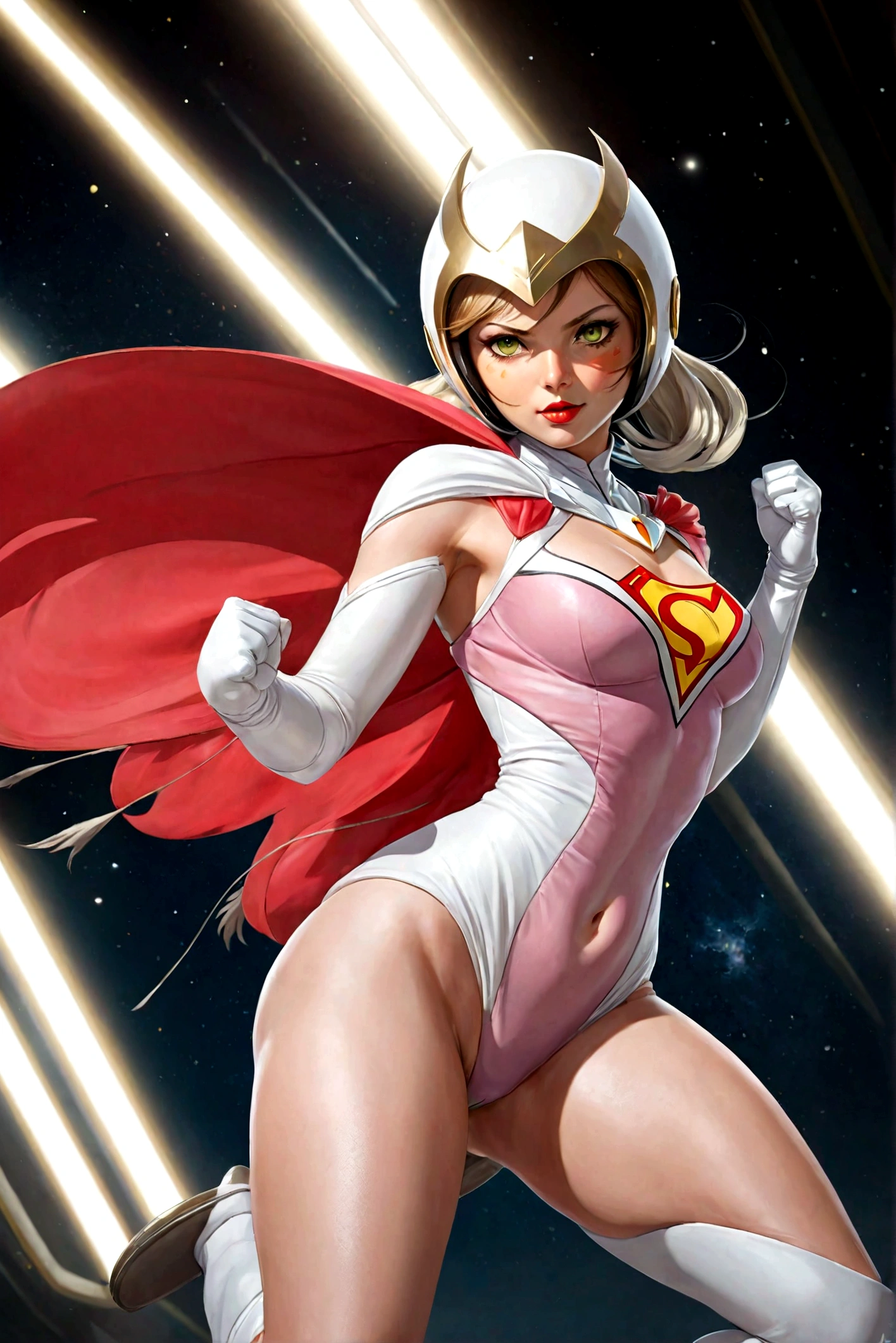 ANI_CLASSIC_jun_gatchaman_ownwaifu, 25yo,1girl, Jun The Swan, gatchaman, wearing gatchamancostume, good anatomy, masterpiece, best quality,realistic, hyperrealistic, 16k hdr, long hair,breasts,green eyes,lips,large breasts,lipstick,makeup,gloves,cape,helmet,belt,elbow gloves,white gloves,mask,ultra miniskirt,leotard,spacesuit,white legwear,pink dress,superhero,bodysuit,(fighting pose,kicking:1.3),from below,(spread legs:1.1),cameltoe,sweat,smile,space ship,hand up,