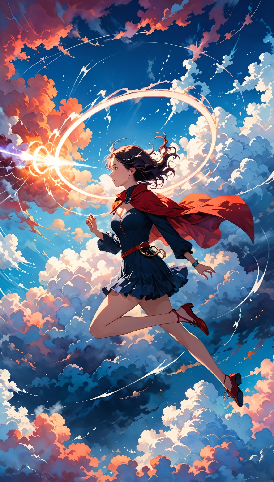 in style of Daniel Merriam,
colorful clouds,a large sea of clouds,(shock wave:1.5),(breaking through the clouds:1.4),(ring-mounted shockwave clouds:1.4),motion blur,
1girl,(flight maneuvers:1.2),dynamic action,red cape,cloud ring,