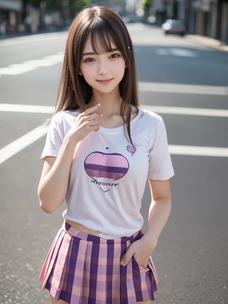 (8k, RAW Photos, highest quality, masterpiece:1.2), (Realistic, photo-Realistic:1.4), (Highly detailed 8k wallpaper), ((Full Body Shot)), (1 girl), Sharp focus, Depth of written boundary, Cinematic lighting, Soft Light, 緻密な美しさのeye, eye_Chan, Very beautiful 17 year old girl, innocent big eyes, Realistic, photo Realistic, Highly detailed cute girl, (Thin thighs), (Model Body Type), 18-year-old, (Casual short sleeve t-shirt), (Purple and pink checkered micro mini pleated skirt), (smile), Parted lips, Watching the audience, (On the streets of Tokyo) , (Brown Hair),(Long Bob Hair), (Asymmetrical bangs)