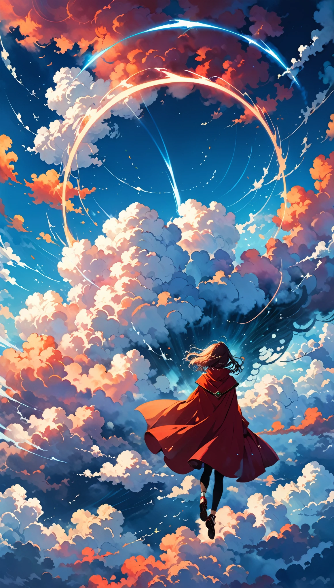 in style of Daniel Merriam,
colorful clouds,a large sea of clouds,(shock wave:1.5),(breaking through the clouds:1.4),(ring-mounted shockwave clouds:1.4),motion blur,
1girl,(flight maneuvers:1.2),dynamic action,red cape,cloud ring,