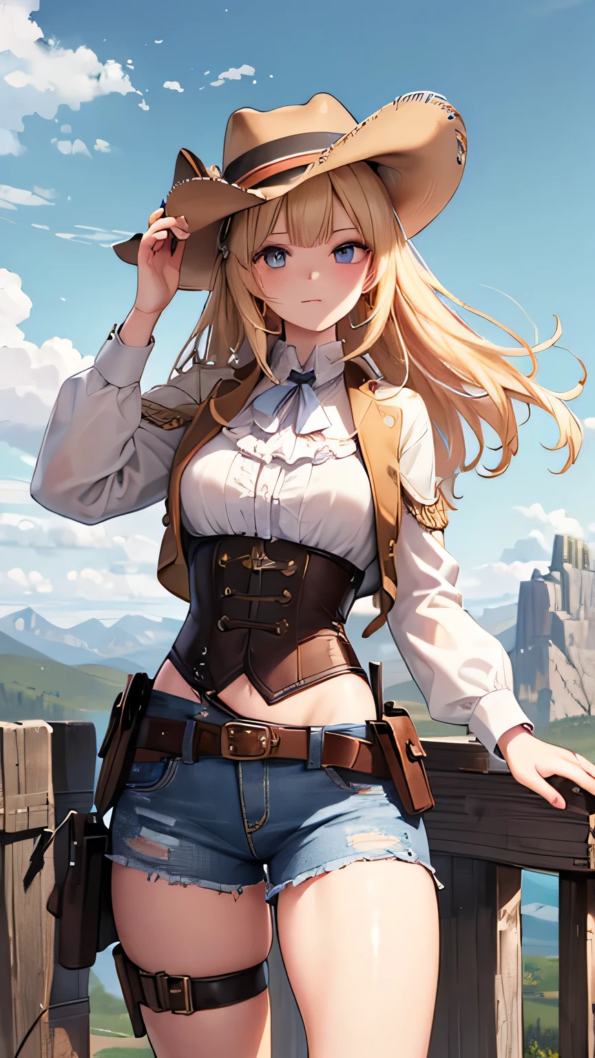 ((best quality)), ((masterpiece)), (detailed face and eyes), perfect face, accurate, textured skin, high details, highres, blonde hair, floating hair, Western, cowgirl, ten-gallon hat, Gunman, holster, pistol, 19th Century Wild West, Rocky Mountains, Wilderness