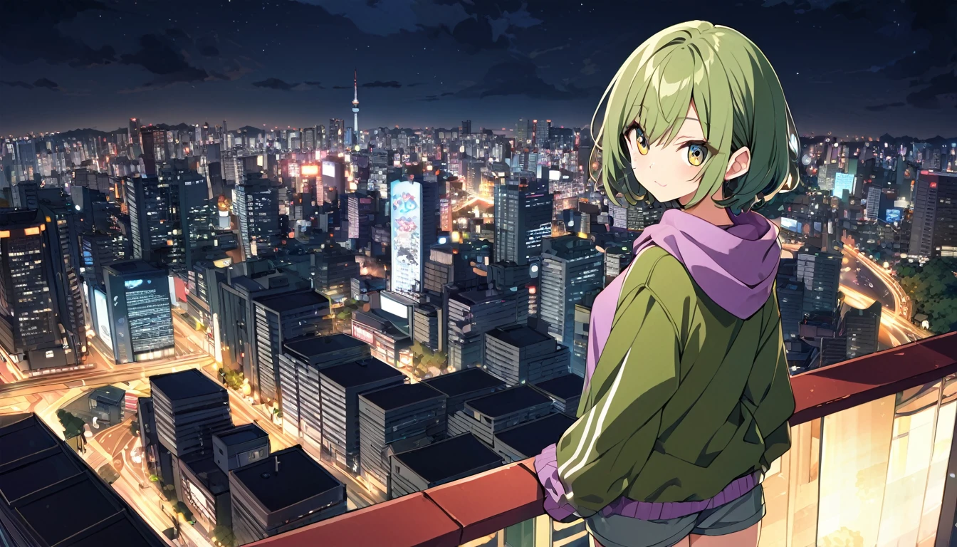 SOLO, mischievous, anime, looking at the camera,16years old, olive color hair, TOKYO city, fashion model posing, olive color eyes, purple Sweatshirt, night, upturned eyes, cowboy shot, very short hair, slim, shorts, looking back, from above