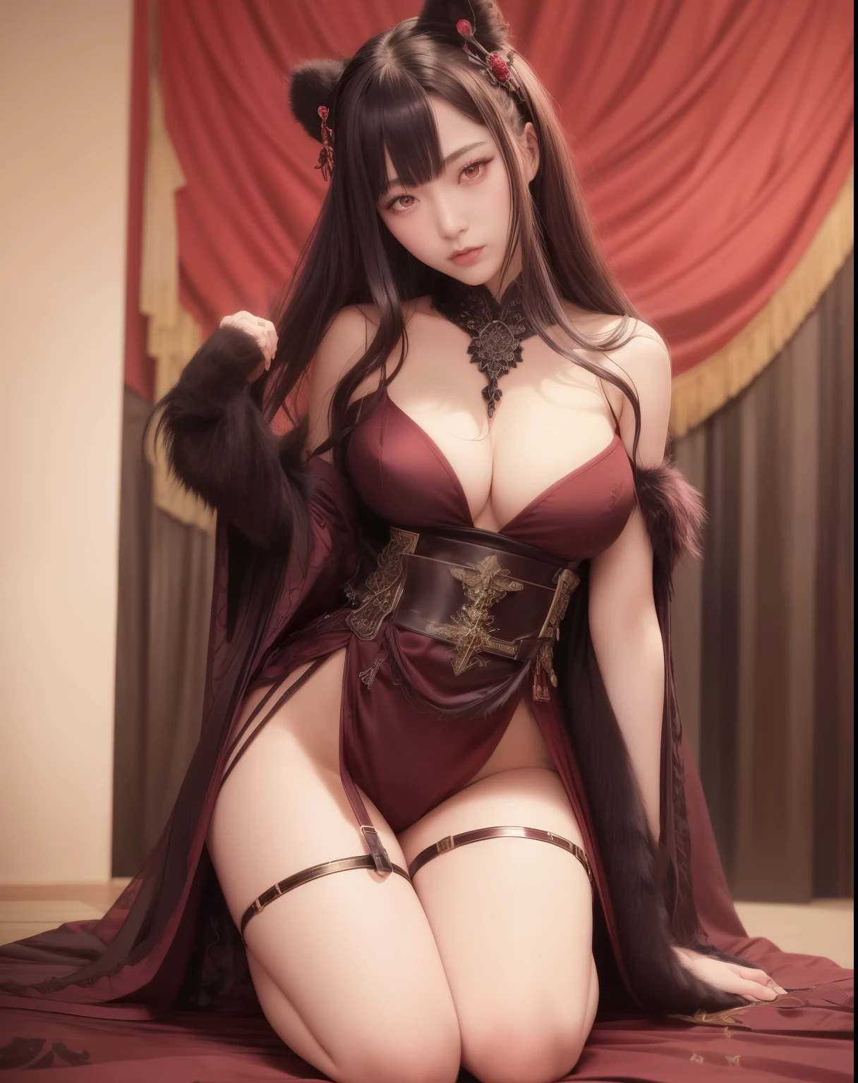 Gothic warrior queen in dark red kimono robe and midi skirt, satin, fur, (stockings), Décolletage, Natural Breasts, Backwards and on all fours, zettai ryouiki, Medium length hair, Beautiful detailed golden eyes, Portraiture, Most realistic, highest quality, Best Pixels, 8K Ultra
