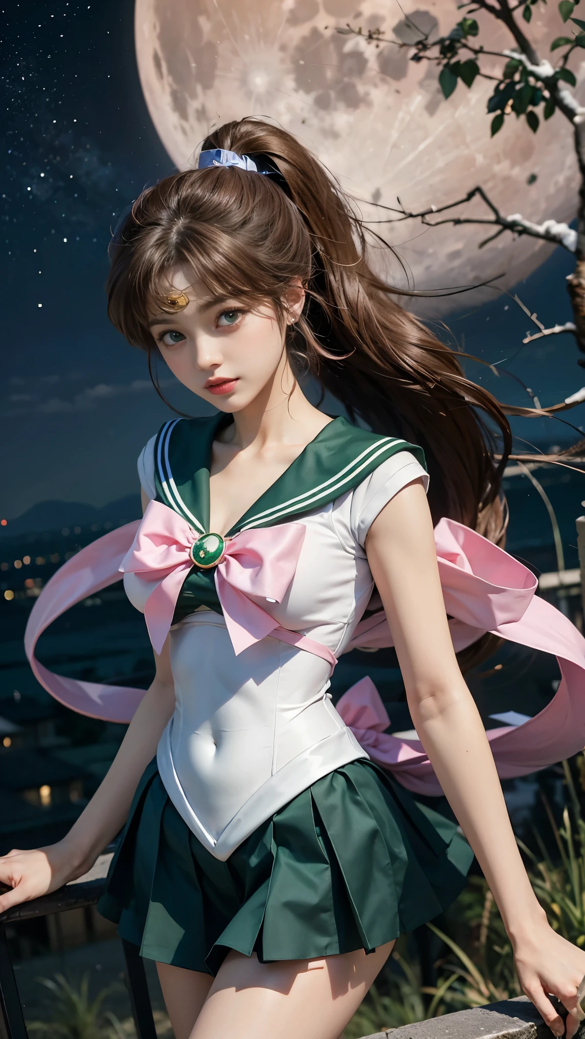 A beautiful young woman with long brown hair in a ponytail, green eyes, and a height of 170cm, sailor moon by the moon, sailor jupiter, 가슴 쪽 pink ribbon, pink ribbon, All ribbons are pink, You can see the scenery from high up, Height is 172, You have a pretty body., I also like exercising, 