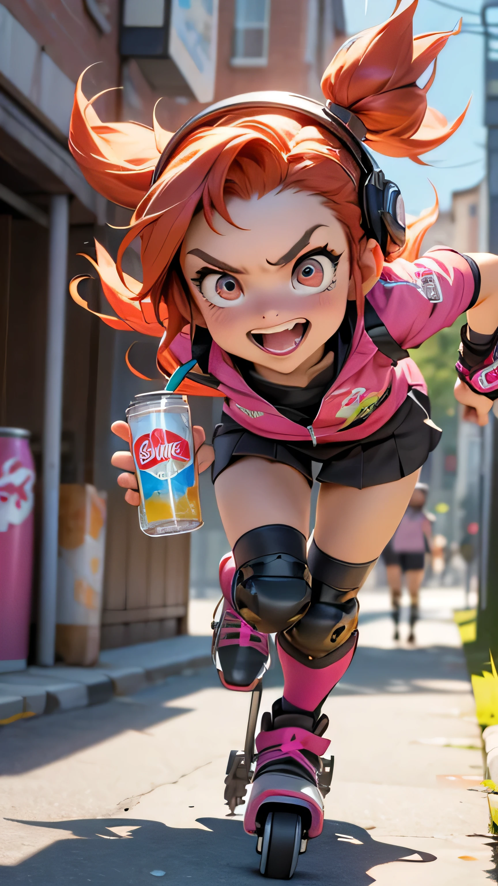 3 roller blade skarter girls wearing helmets, dynamic pose, worms eye view, smiling, knee pads, elbow pads, drinking soda, angry