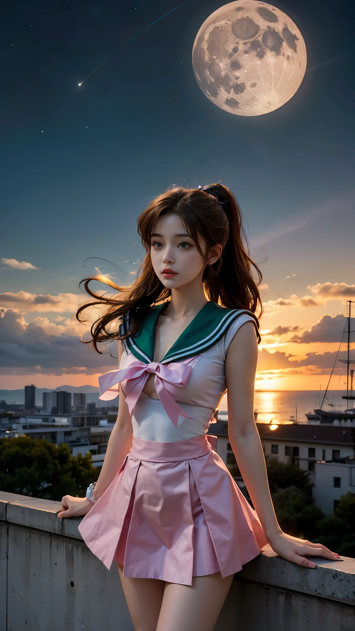 A beautiful young woman with long brown hair in a ponytail, green eyes, and a height of 170cm, sailor moon by the moon, sailor jupiter, 가슴 쪽 pink ribbon, pink ribbon, All ribbons are pink, You can see the scenery from high up, Height is 172, You have a pretty body., I also like exercising, 