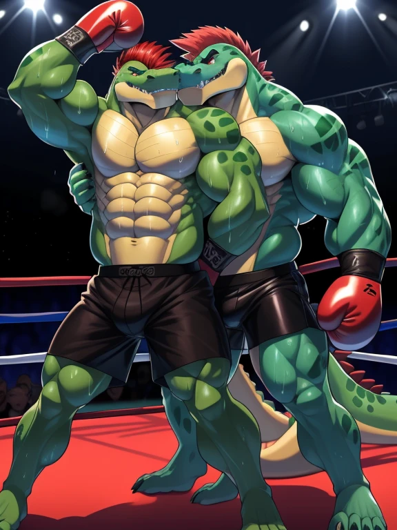Two male fighters(Gator with White hair vs Gator with Red hair, handsomes, perfect eyes, Thick eyebrows), gay(cuddling embraced, flexing abs, in a boxing match), hot(Both are Shirtless, full body, bulges), handsomes(They are handsomes, correct anatomy), musculosos(Big muscle bodies, Six packs, muscle abs, big pecs, muscle backs), sweaty(very sweaty wet bodies, shiny sweat), tatuajes(they have tattoos), Angry(They have an angry expression),boxing gloves(They both are wearing red boxing gloves), boxers(both are wearing Black boxers), Hight resolution