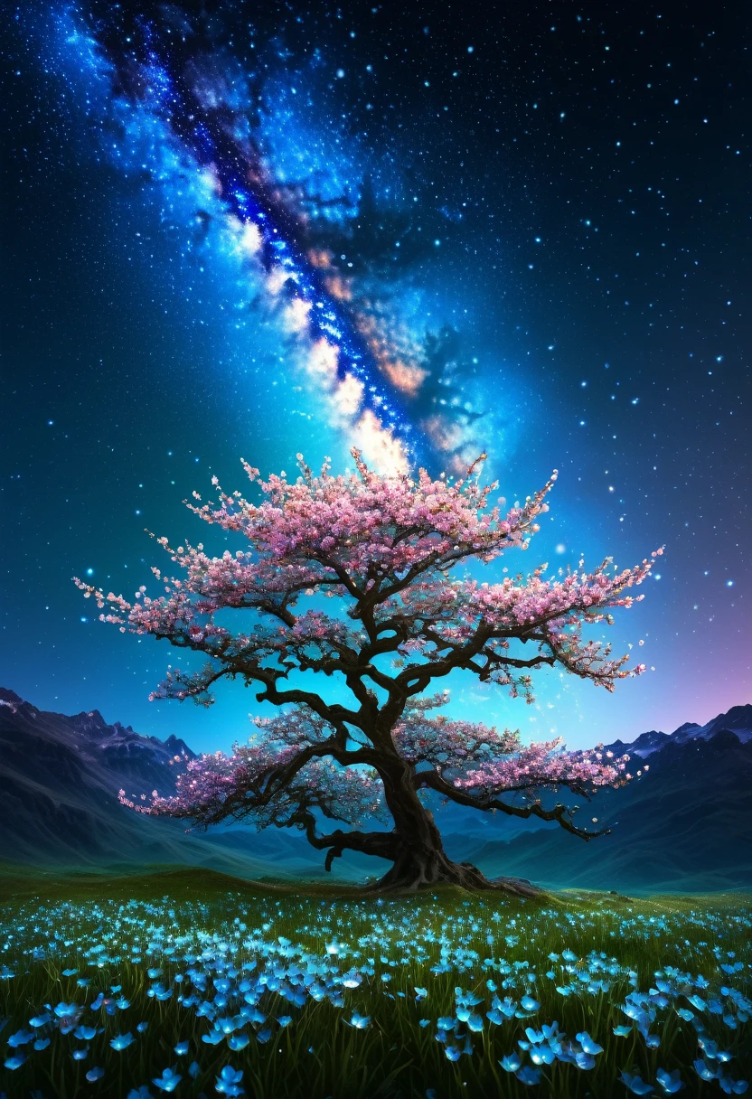 Crystal Spring Blossom,
Fantasy, Milky Way, transparent, 
Sparkling, Sparkling, wonderful, colorful, 
Magical Pictures, Dramatic lighting, Photographic realism, Super detailed, 4K, Depth of written boundary, High resolution