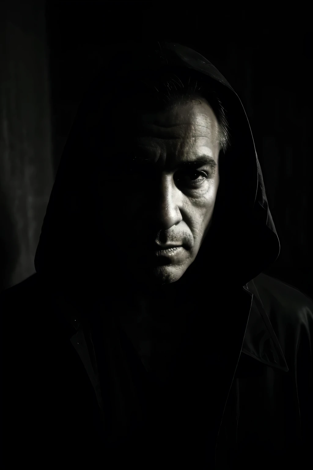 60 year old man, face fully obscured by shadow, outline of head visible, trench coat, dramatic lighting, high contrast, chiaroscuro, moody atmosphere, mysterious, cinematic, dark and brooding, powerful portrait, striking composition, dramatic shadows, somber mood, deep shadows, alluring enigma, intense gaze, dramatic lighting effects, photorealistic, 8k, highly detailed, masterpiece