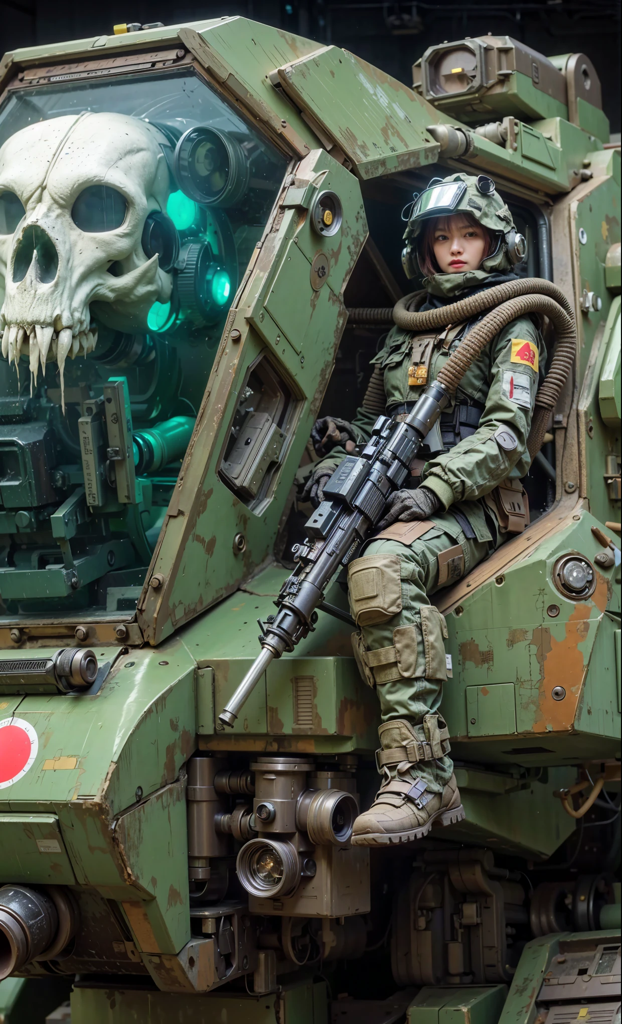 ultra high res,8k,(Photorealsitic:1.4), (beast-like animal wear:1.2), designed by Hajime Katoki,heavy weapons,metallic textures,animal legs, (red hair), japanese female soldier,(ultra beautiful face),((super realistic all textures)), ((super intricate all details)), full body shot, ultra sharp photo result, Acrylic Clear Cover, Hydraulic cylinder, style, taken with Fuji film X-T30+Nokton. HDR10,Minimum of 4 pieces created