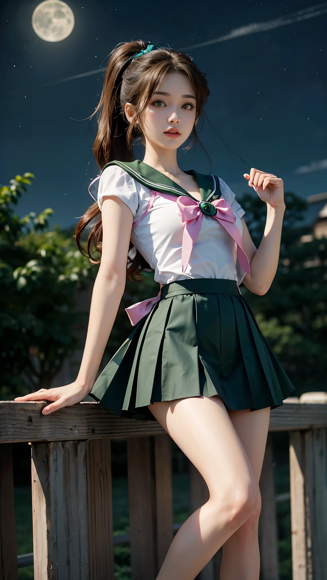 A beautiful young woman with long brown hair in a ponytail, green eyes, and a height of 170cm, sailor moon by the moon, sailor jupiter, 가슴 쪽 pink ribbon, pink ribbon,  You can see the scenery from high up, Height is 172, You have a pretty body., I also like exercising, He has mysterious green eyes. the skirt is green. long legs, very good body. 