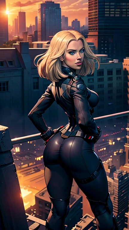 (masterpiece, top quality, best quality, official art, beautiful and aesthetic:1.2),(Full Body View),(Scarlett Johansson),(Platinum Blonde Hair),(Detailed Ass),(Detailed Green Eyes),(Detailed Nose),(Detailed Lips),(Detailed Thighs), Scarlett Johansson as Black Widow stands poised on a rooftop, overlooking a sprawling cityscape. Captured from behind, her silhouette is defined by the sleek lines of her black tactical suit, complete with holsters and gadgets. Her hair cascades down her back, catching the light from the setting sun. The city below is alive with lights and movement, providing a stark contrast to her still, vigilant figure. She stands with her legs slightly apart and hands on her hips(focus on her thick butt), exuding a sense of readiness and contemplation, prepared for whatever challenges await.(Smiling)