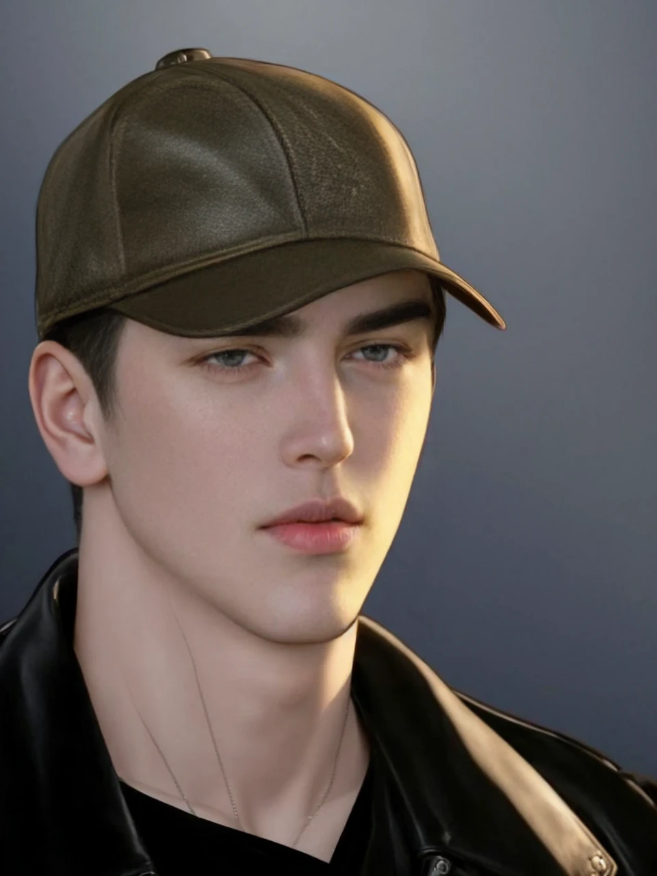 masterpiece, 1boy, young, handsome, black hair, undercut hair, hat, leather jacket, perfect face, detailed eyes and face,black eyes, clean shaved, muscular, capturing a rural atmosphere, dynamic lighting, unreal engine 5