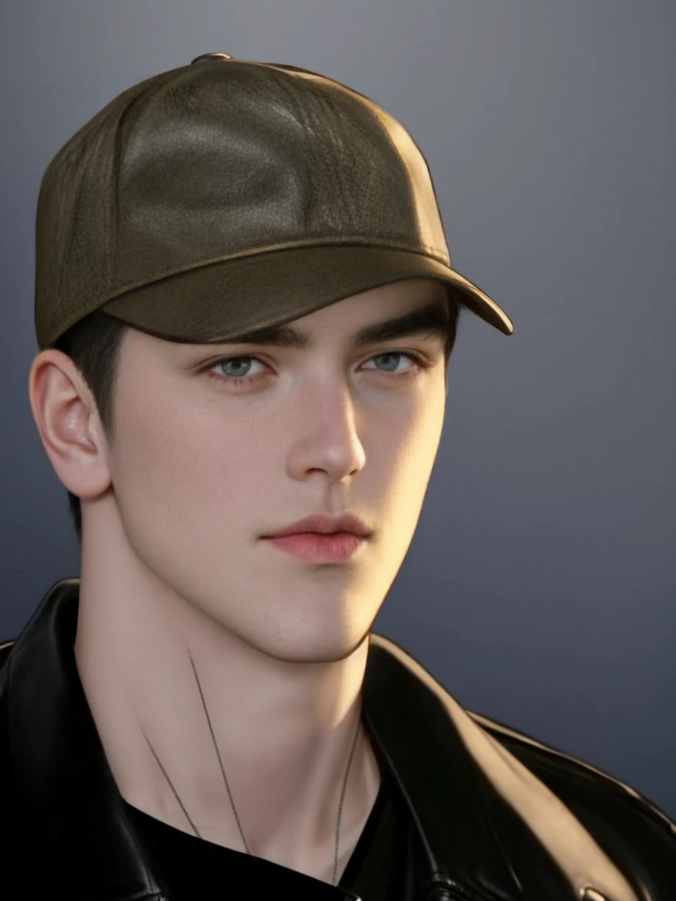 masterpiece, 1boy, young, handsome, black hair, undercut hair, hat, leather jacket, perfect face, detailed eyes and face,black eyes, clean shaved, muscular, capturing a rural atmosphere, dynamic lighting, unreal engine 5