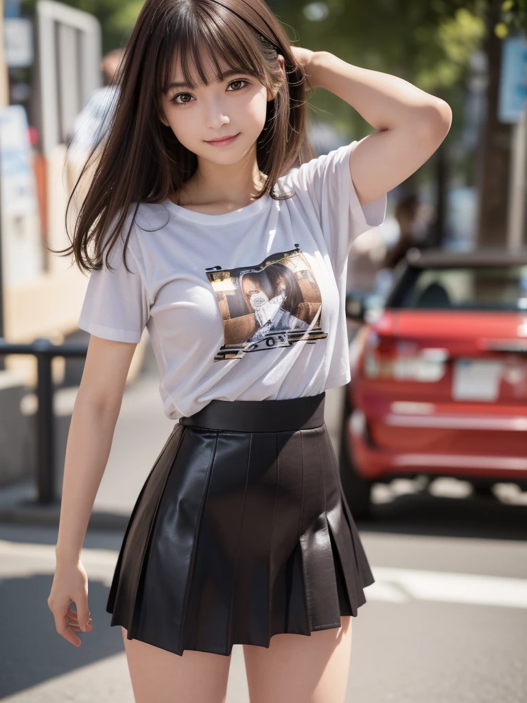 (8k, RAW Photos, highest quality, masterpiece:1.2), (Realistic, photo-Realistic:1.4), (Highly detailed 8k wallpaper), ((Full Body Shot)), (1 girl), Sharp focus, Depth of written boundary, Cinematic lighting, Soft Light, 緻密な美しさのeye, eye_Chan, Very beautiful 17 year old girl, innocent big eyes, Realistic, photo Realistic, Highly detailed cute girl, (Thin thighs), (Model Body Type), 18-year-old, (Casual short sleeve t-shirt), (Black leather micro mini pleated skirt), (smile), Parted lips, Watching the audience, (On the streets of Tokyo) , (Brown Hair),(Long Bob Hair), (Asymmetrical bangs)