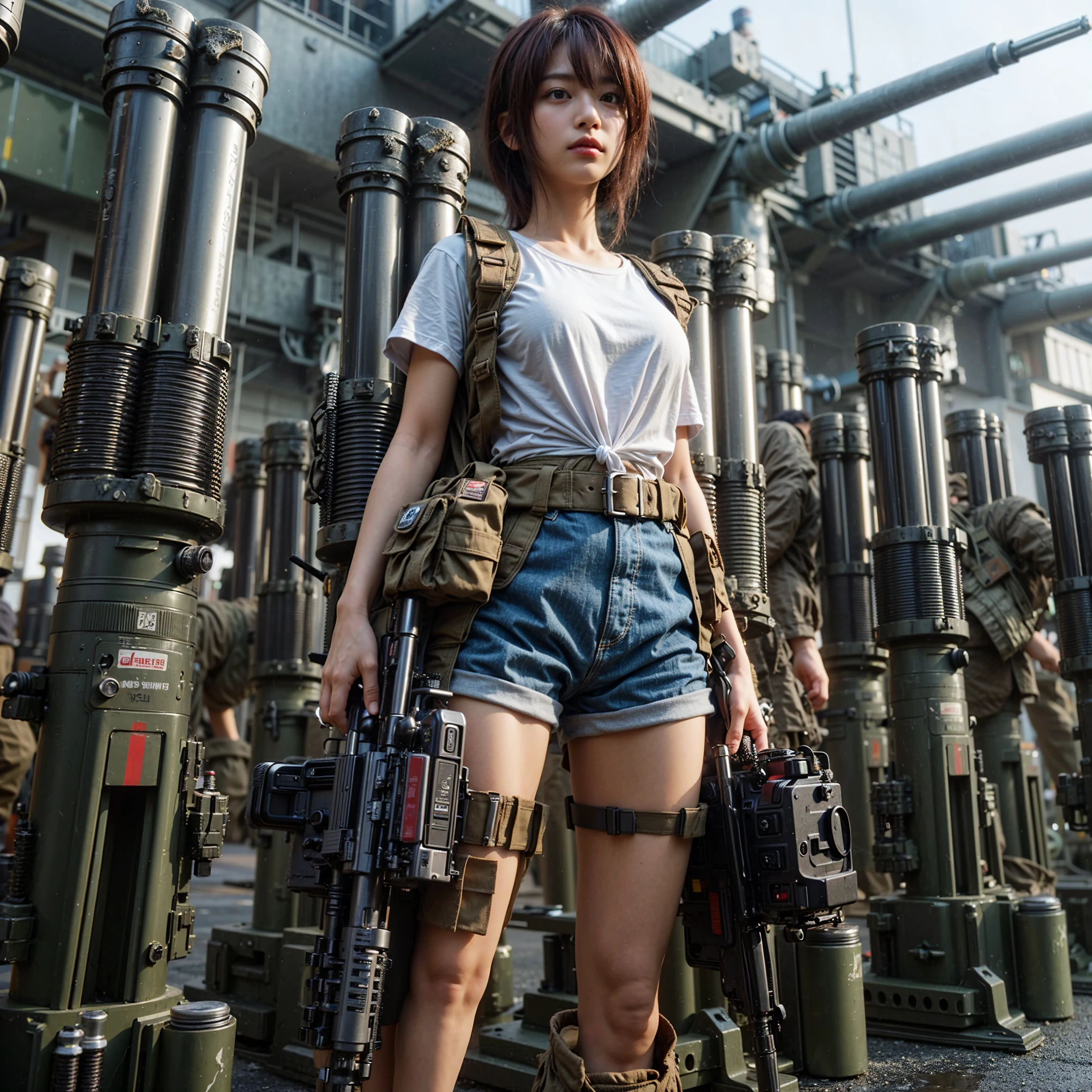 ultra high res,8k,(Photorealsitic:1.4), (beast-like animal wear:1.2), designed by Hajime Katoki,heavy weapons,metallic textures,animal legs, (red hair), japanese female soldier,(ultra beautiful face),((super realistic all textures)), ((super intricate all details)), full body shot, ultra sharp photo result, Acrylic Clear Cover, Hydraulic cylinder, style, taken with Fuji film X-T30+Nokton. HDR10,Minimum of 4 pieces created