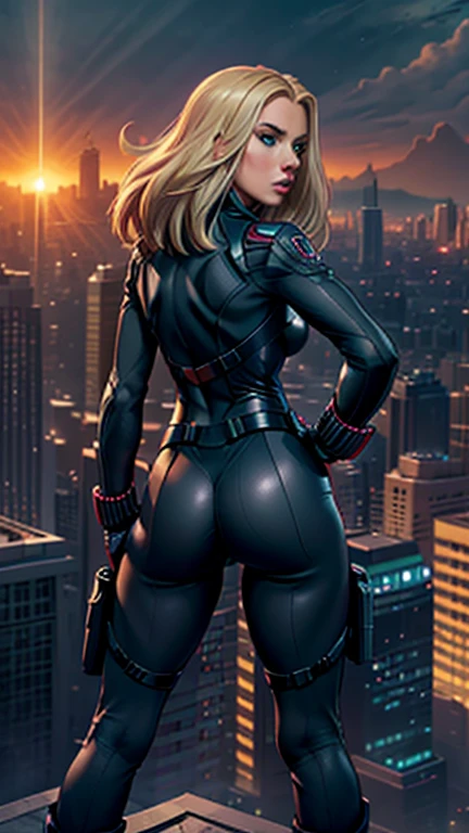 (masterpiece, top quality, best quality, official art, beautiful and aesthetic:1.2),(Scarlett Johansson),(Platinum Blonde Hair),(Detailed Ass),(Detailed eyes),(Green Eyes),(Detailed Nose),(Detailed Lips),(Detailed Thighs),(Goth Makeup),(Green Tactical Vest), Scarlett Johansson as Black Widow stands poised on a rooftop, overlooking a sprawling cityscape. Captured from behind, her silhouette is defined by the sleek lines of her black tactical suit, complete with holsters and gadgets. Her hair cascades down her back, catching the light from the setting sun. The city below is alive with lights and movement, providing a stark contrast to her still, vigilant figure. She stands with her legs slightly apart and hands on her hips(focus on her thick buttcheeks), exuding a sense of readiness and contemplation, prepared for whatever challenges await.