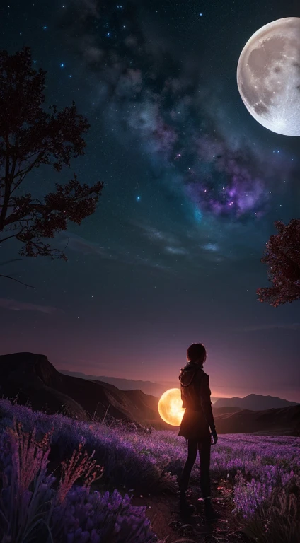 Vast landscape photography, (View from below, There is a sky above、Below is a wide field), A girl standing in a flower field looking up, (full moon: 1.2), (meteor: 0.9), (nebula: 1.3), Distant Mountain々 , wood々destroys art, (Warm Light: 1.2), (fire Fly: 1.2), Light, Lots of purple and orange, Intricate details, Volumetric lighting, Realism Break (masterpiece: 1.2), (highest quality), 4K, Super detailed, (Dynamic configuration: 1.4), Very detailed, Colorful details, (Rainbow-colored: 1.2), (Glow Lighting, Atmospheric lighting), dream-like, Magic, (alone: 1.2)