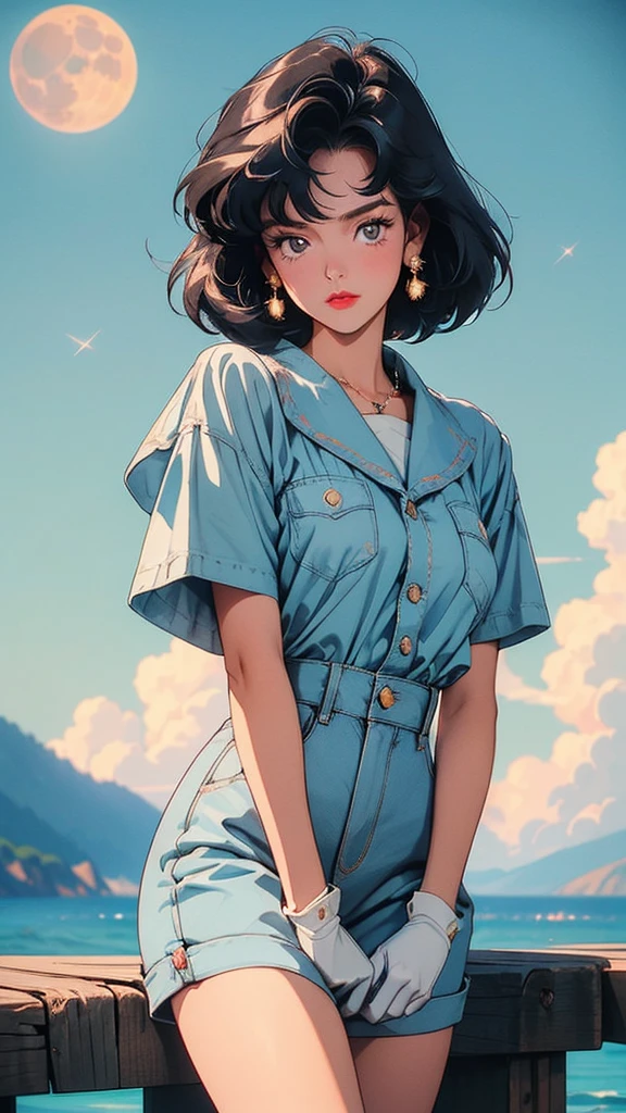 ((90s anime style, 1990s style, hand painted details, fresh and clean appearance)), (masterpiece:1.2, highest quality, wonderful quality, Ultra-expensive resolution), (complex and detailed), 1 female, , alone, minimal makeup, natural materials, innocent, (big laugh), ((rich background, moon and stars background)), short blue hair, bob cut, clear, can't believe it, (((detailed face))), (very detailed and lovely), (geometric:1.2), ((expensive, sailor suit with short sleeves, white and blue, blue bow on chest and back, knee-high blue boots, white gloves)), ray tracing, divine revelation, godly, ((very detailed eye and face)), (beautiful and aesthetic: 1.2), wonderful, can't believe it, incredible quality, ultra-precise depiction, ultra-detailed depiction, bokeh (85MM shot), (((delicate fingers and hands:0.55))::0.85), (detailed fingers).
