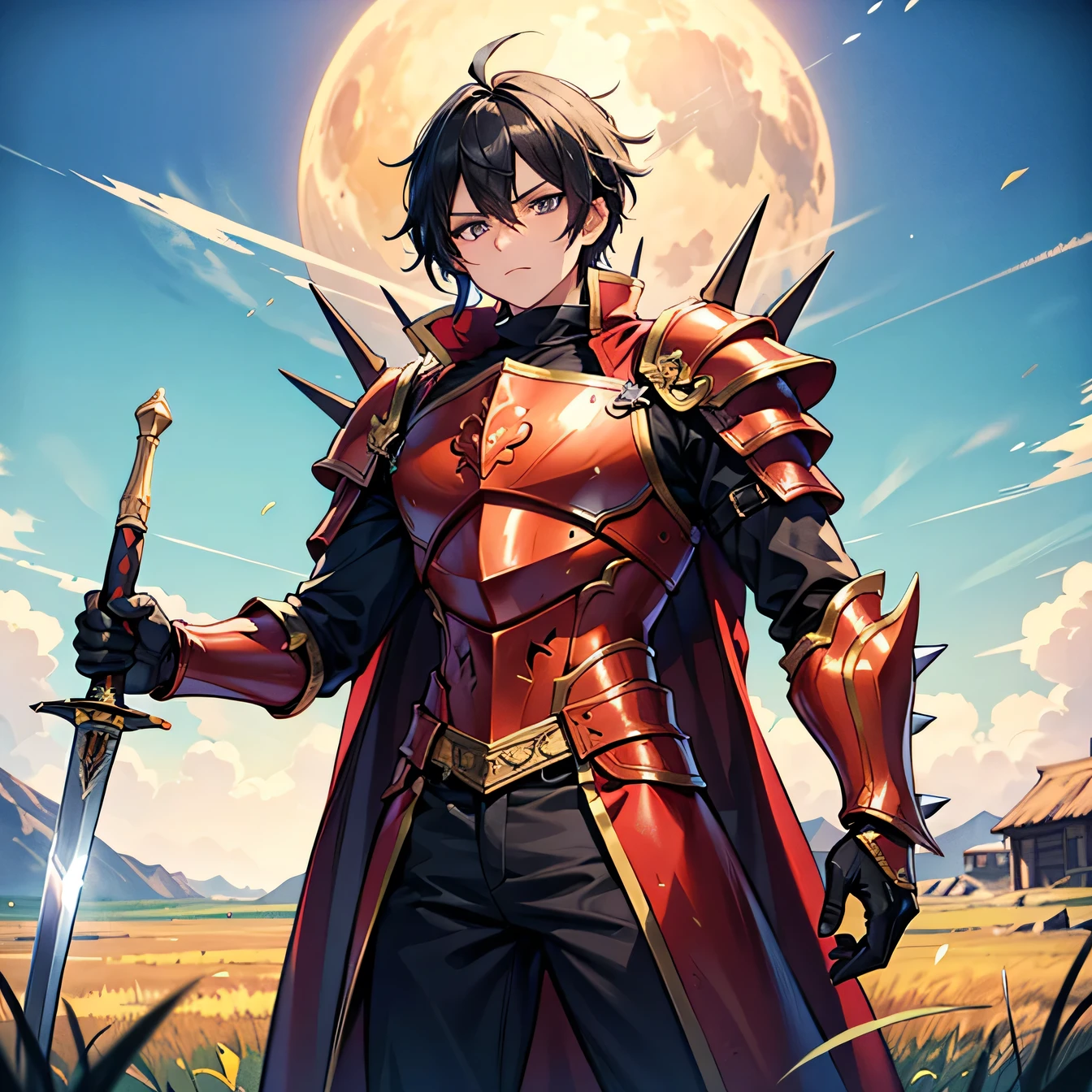 Anime art style,highest quality,High resolution,Anatomically correct,One Man,good looking,20th Generation,Black Hair,Dark Eyes,Very detailed,Fantasy worldview,Spiky Hair,Spiky Hair,Brave,Slim figure,Red long coat,Metal breastplate,Simple armor,Black trousers,Daytime Plains,Serious expression,Lifted eyes,Sharp Eyes,Fighting with a long sword,shout,Dynamic movement,8K