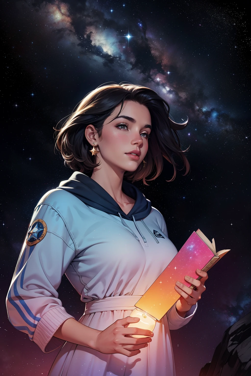 alto detalhe, super detalhe, super high resolution, girl enjoying her time in dream galaxy, rodeado de estrelas, luz quente polvilhada sobre ela, the background is a starry sky with colorful galaxies and galactic clouds, estrelas voando ao seu redor, rosto delicado, adicionando uma atmosfera divertida , 