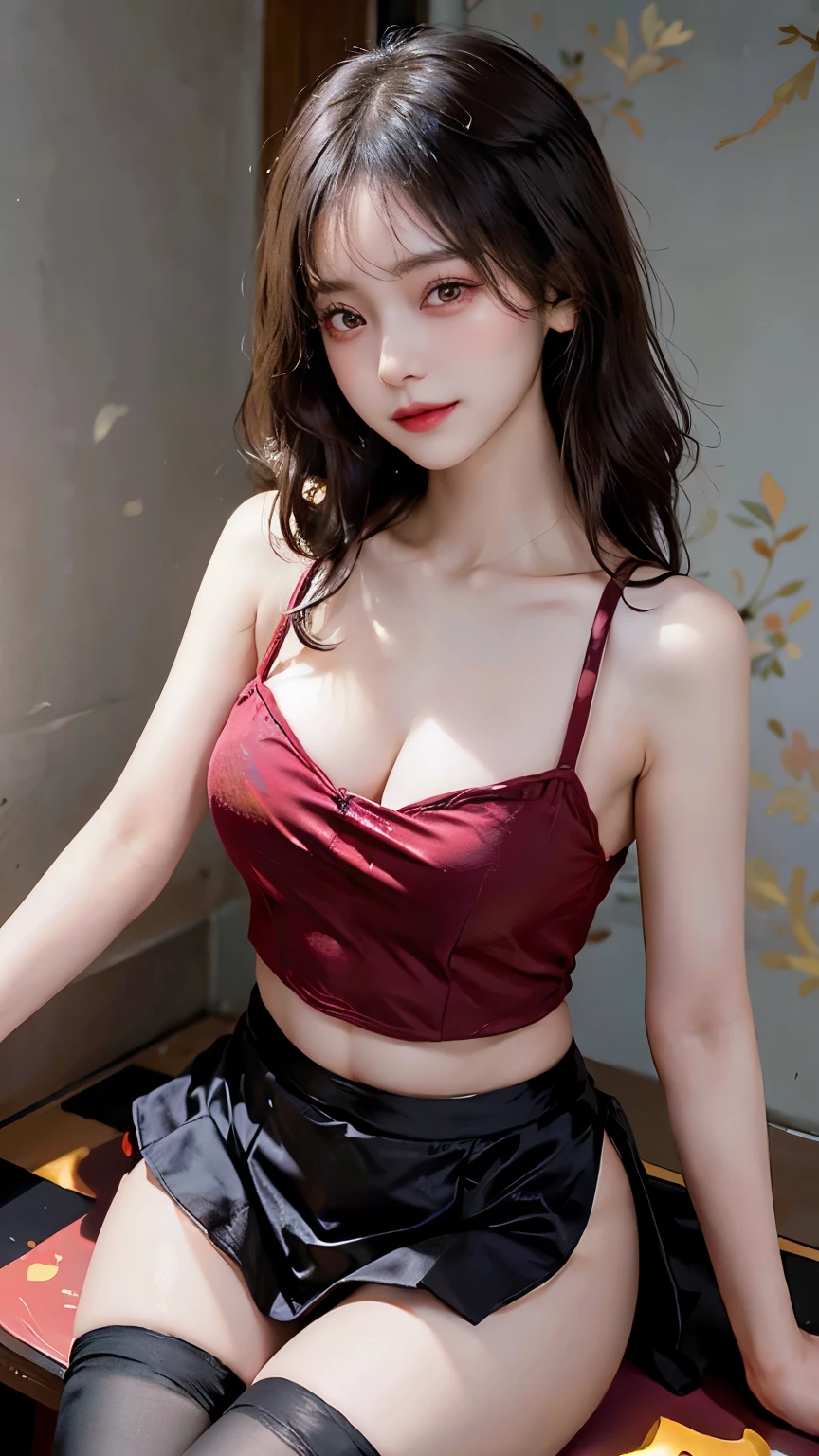 1girl, parted lips, blush, makeup, light smile, black hair, red eyes, crop top, skirt, light rays, glow, thighs, collarbone, narrow waist, (masterpiece), wallpaper,