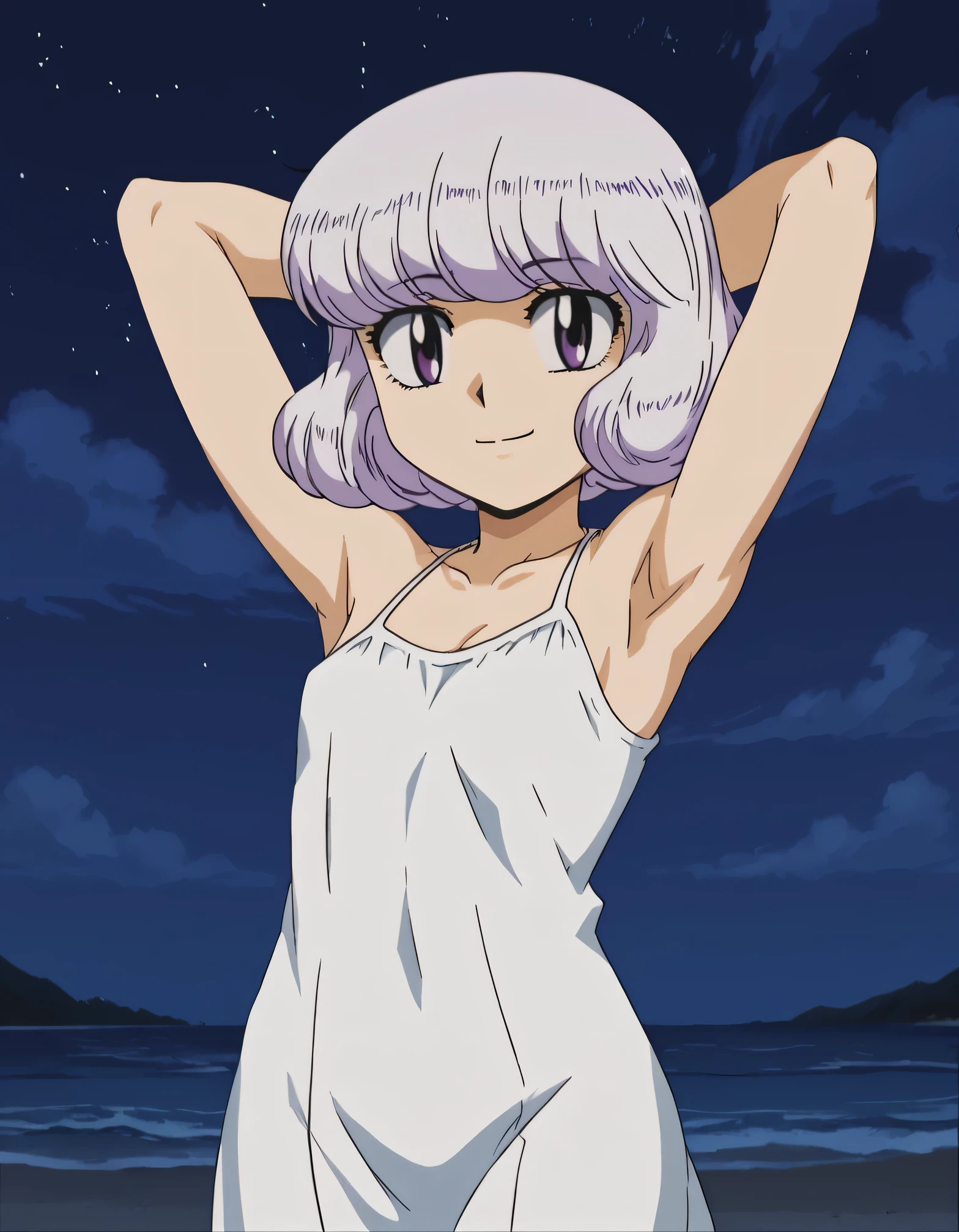 anime screencap, flat shadows BREAK shiho sannomiya, looking at viewer, closed mouth, solo, night sky, beach, arms behind head, contrapposto, spread armpits, looking at viewer, best quality,  smile, (cowboy shot:1.5)